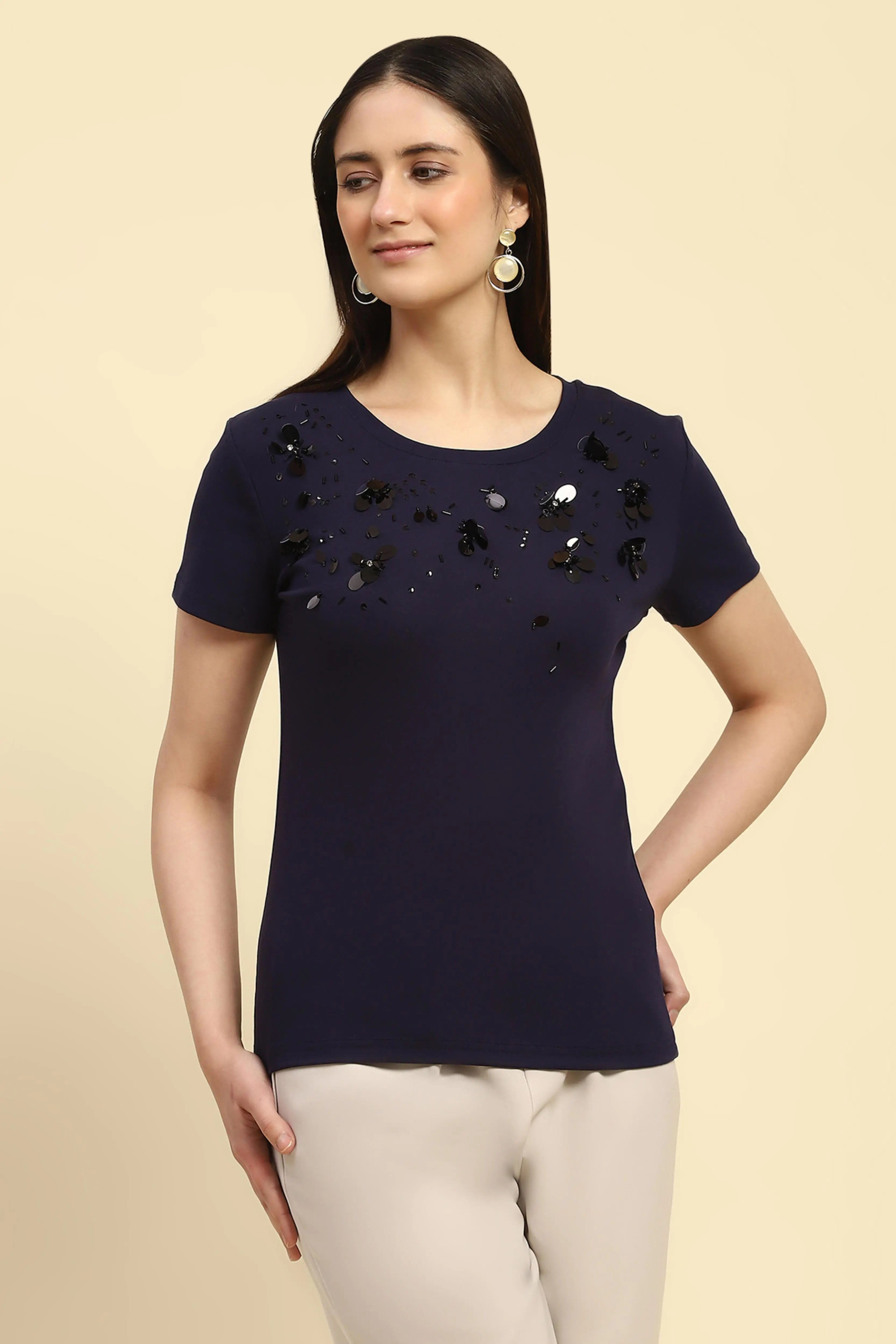 Navy Cotton Embroidered Top - Global Republic