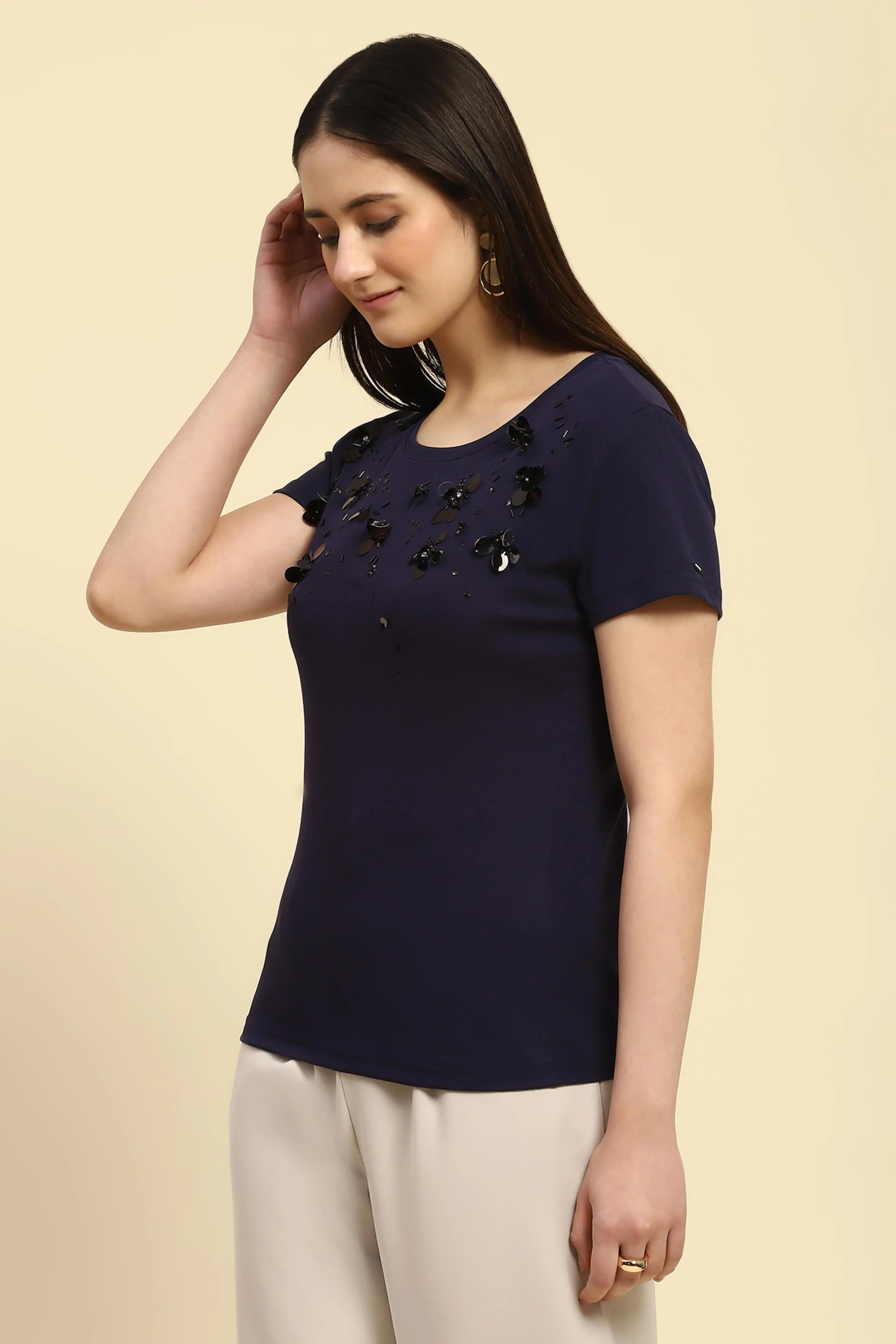 Navy Cotton Embroidered Top - Global Republic
