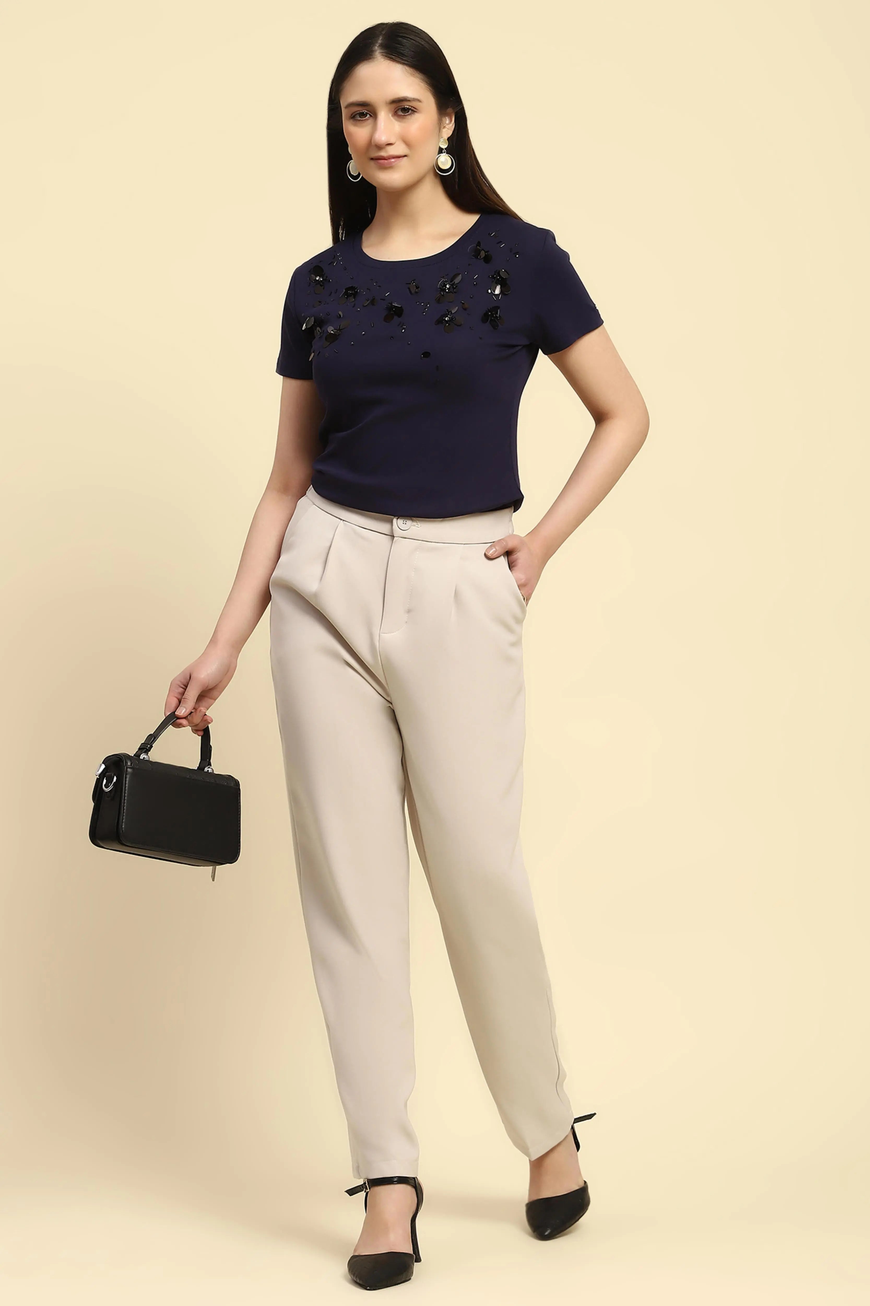 Navy Cotton Embroidered Top - Global Republic