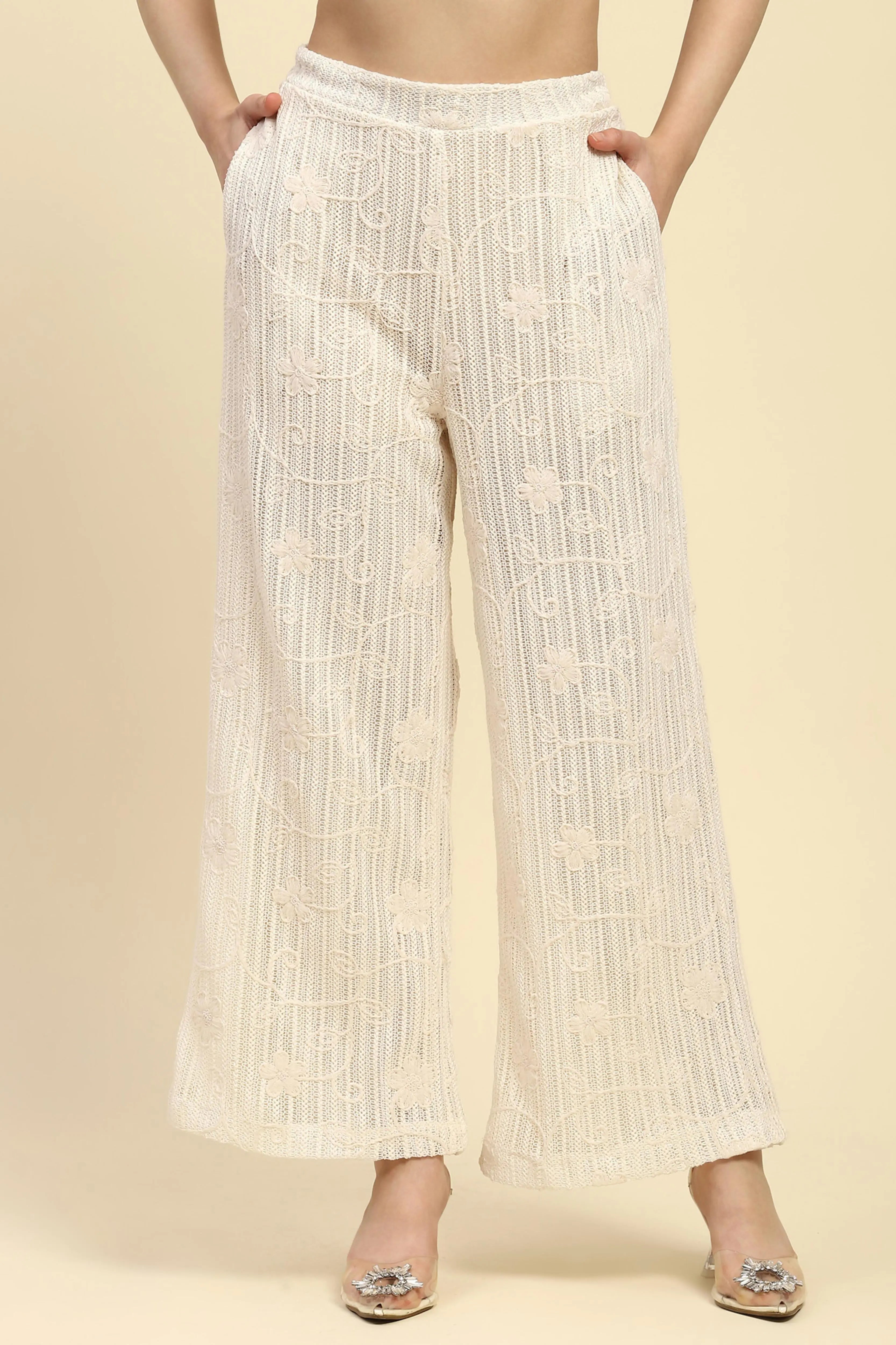 Cream Embroidered Cotton Relaxed Lower - Global Republic