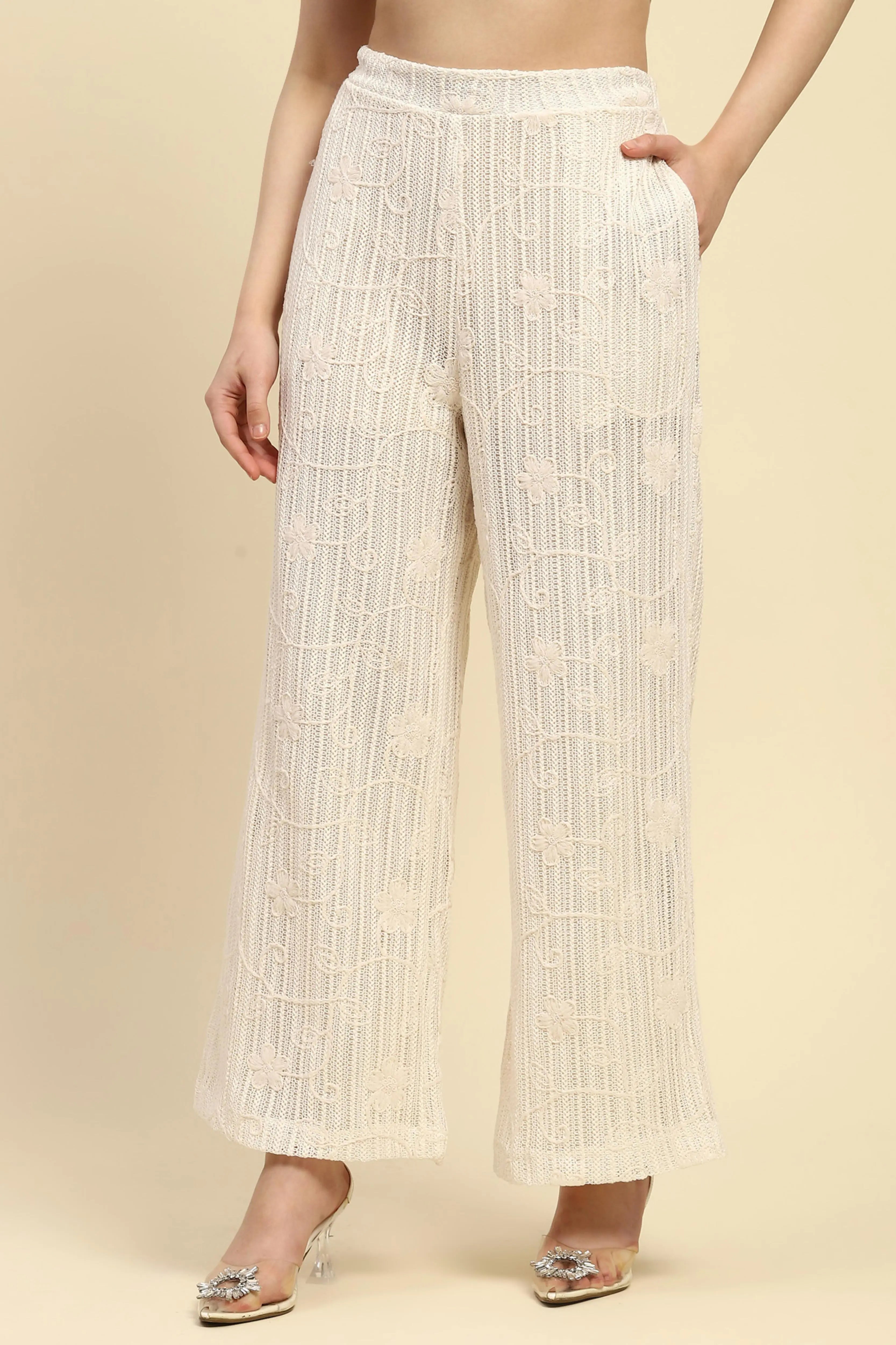 Cream Embroidered Cotton Relaxed Lower - Global Republic