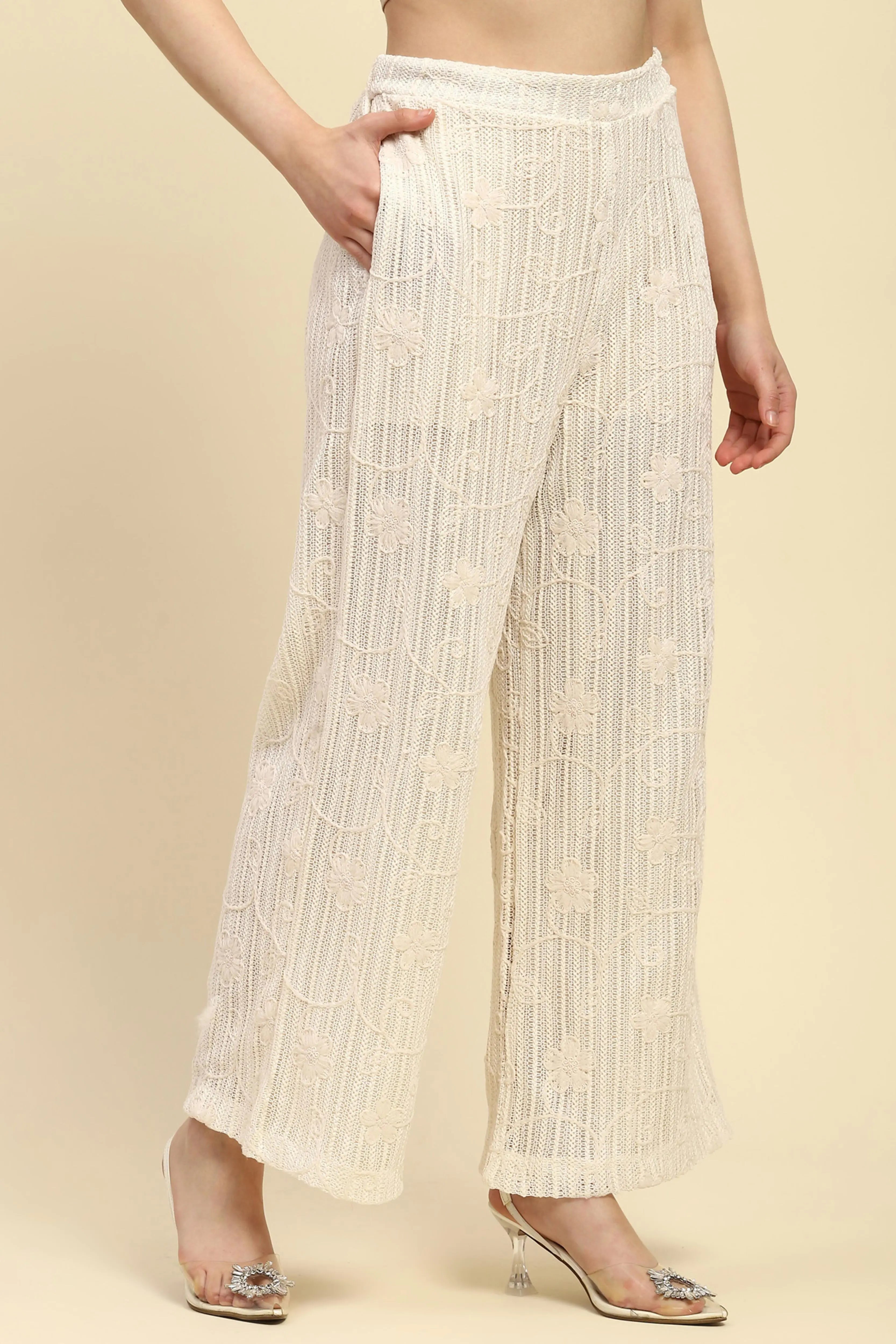 Cream Embroidered Cotton Relaxed Lower - Global Republic