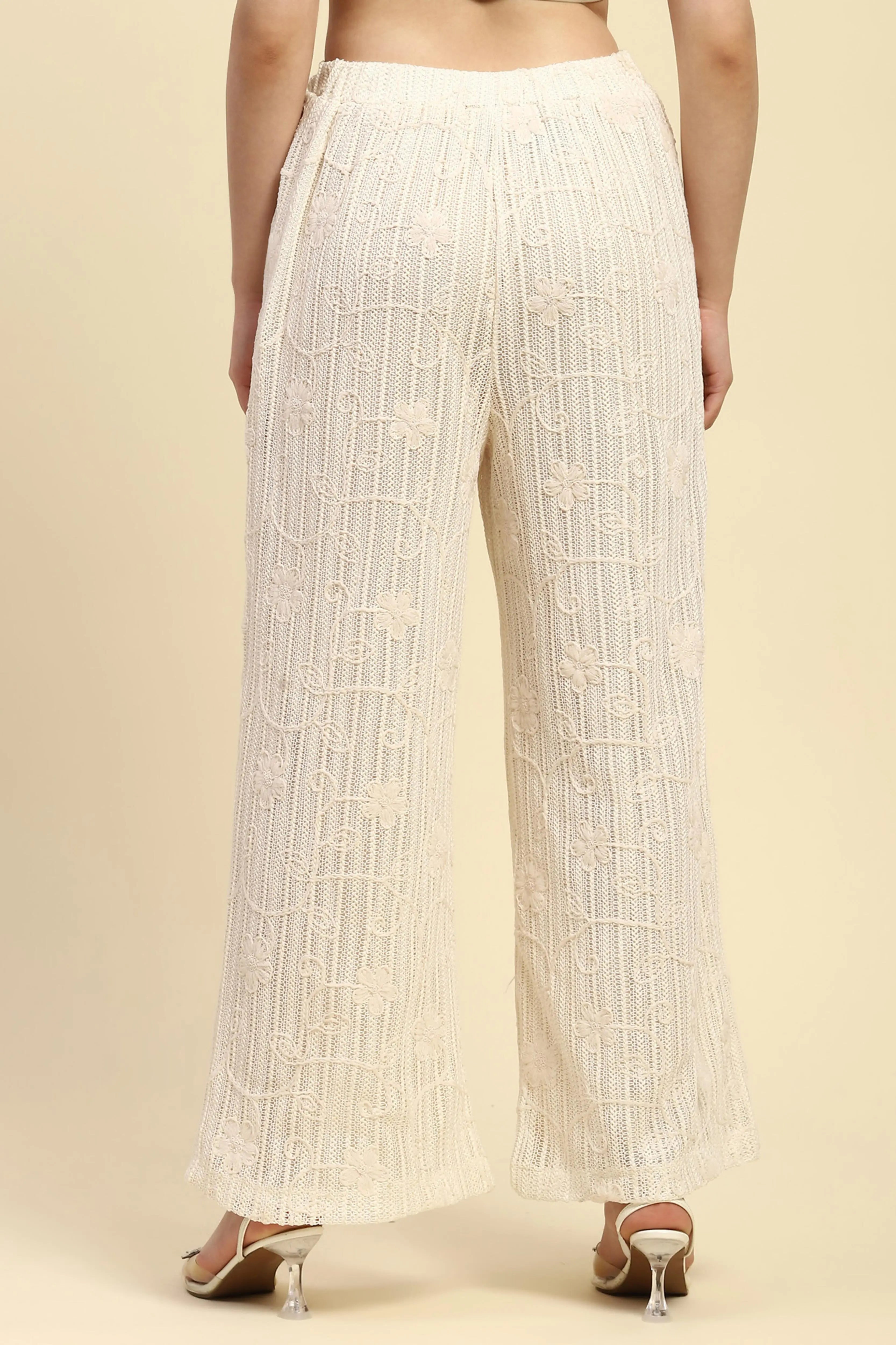 Cream Embroidered Cotton Relaxed Lower - Global Republic