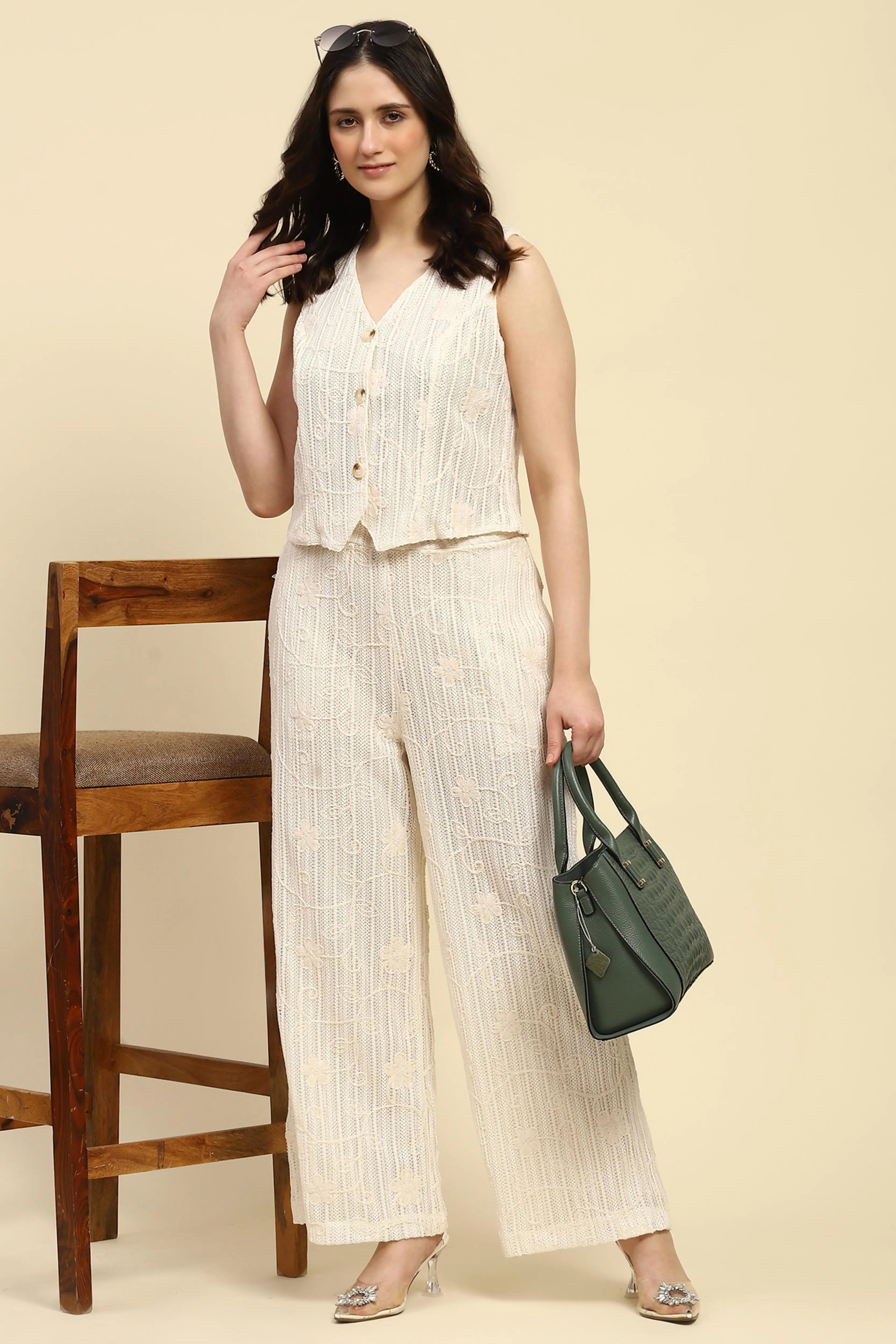 Cream Embroidered Cotton Relaxed Lower - Global Republic