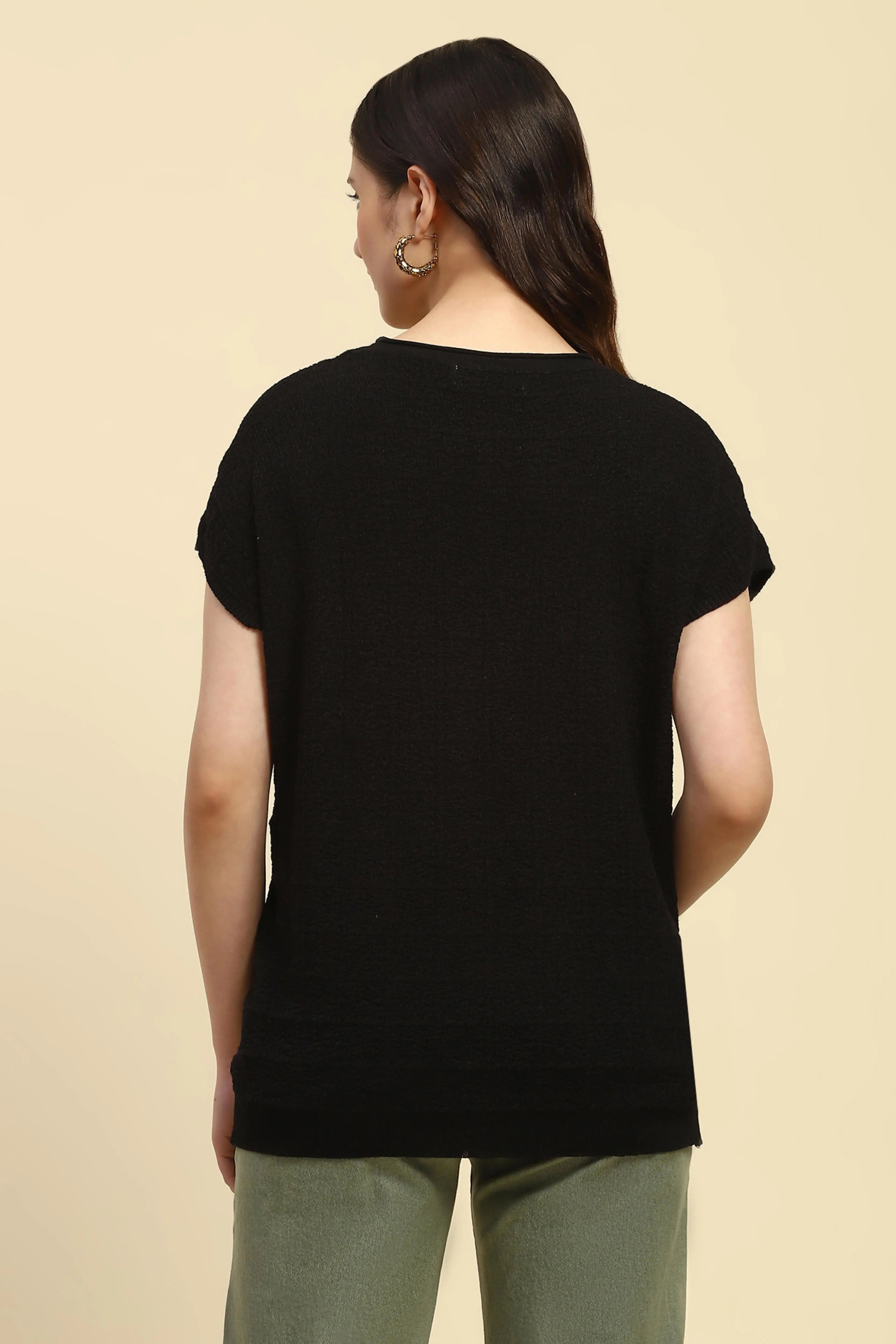Black Textured Viscose Boxy Top - Global Republic