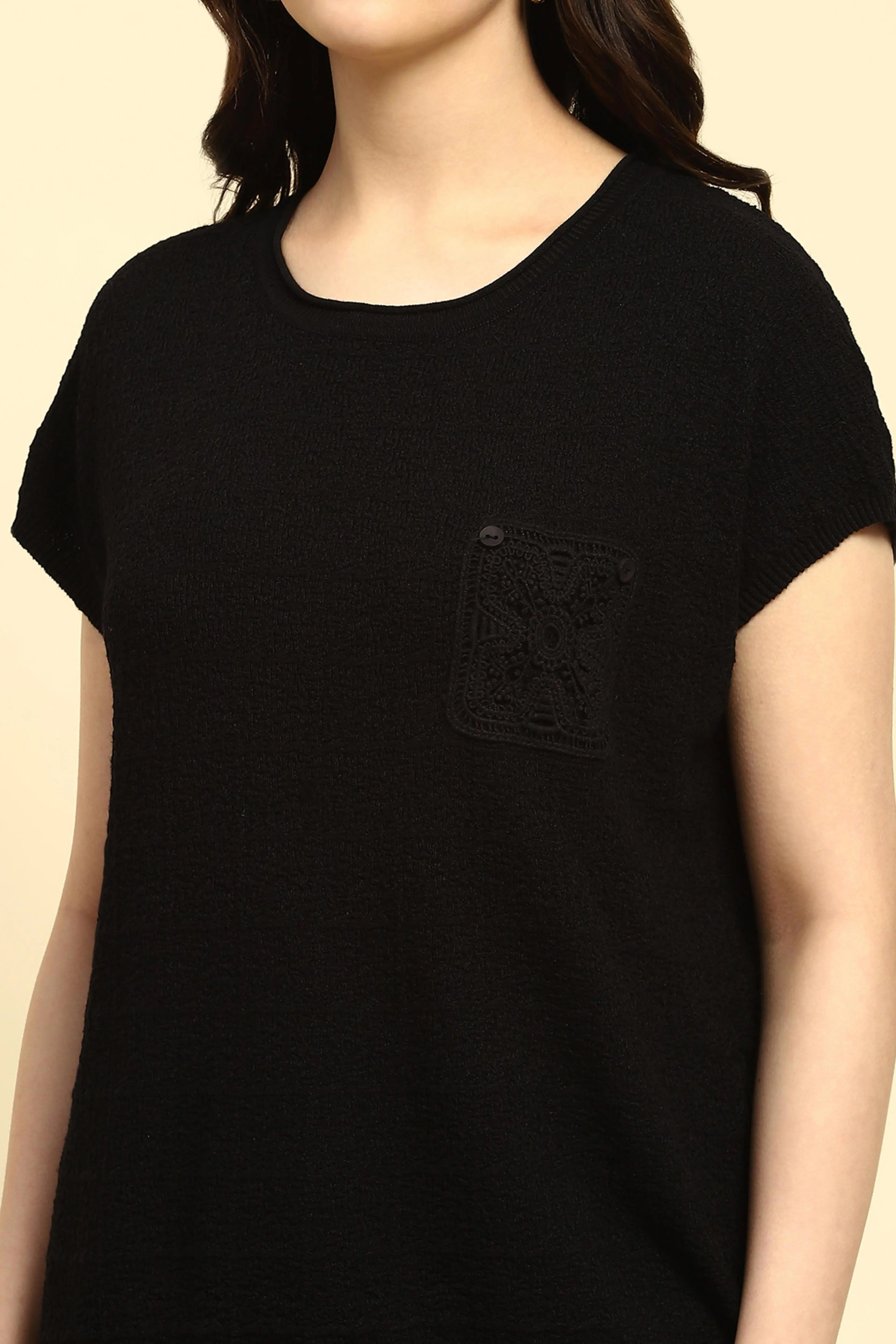 Black Textured Viscose Boxy Top - Global Republic