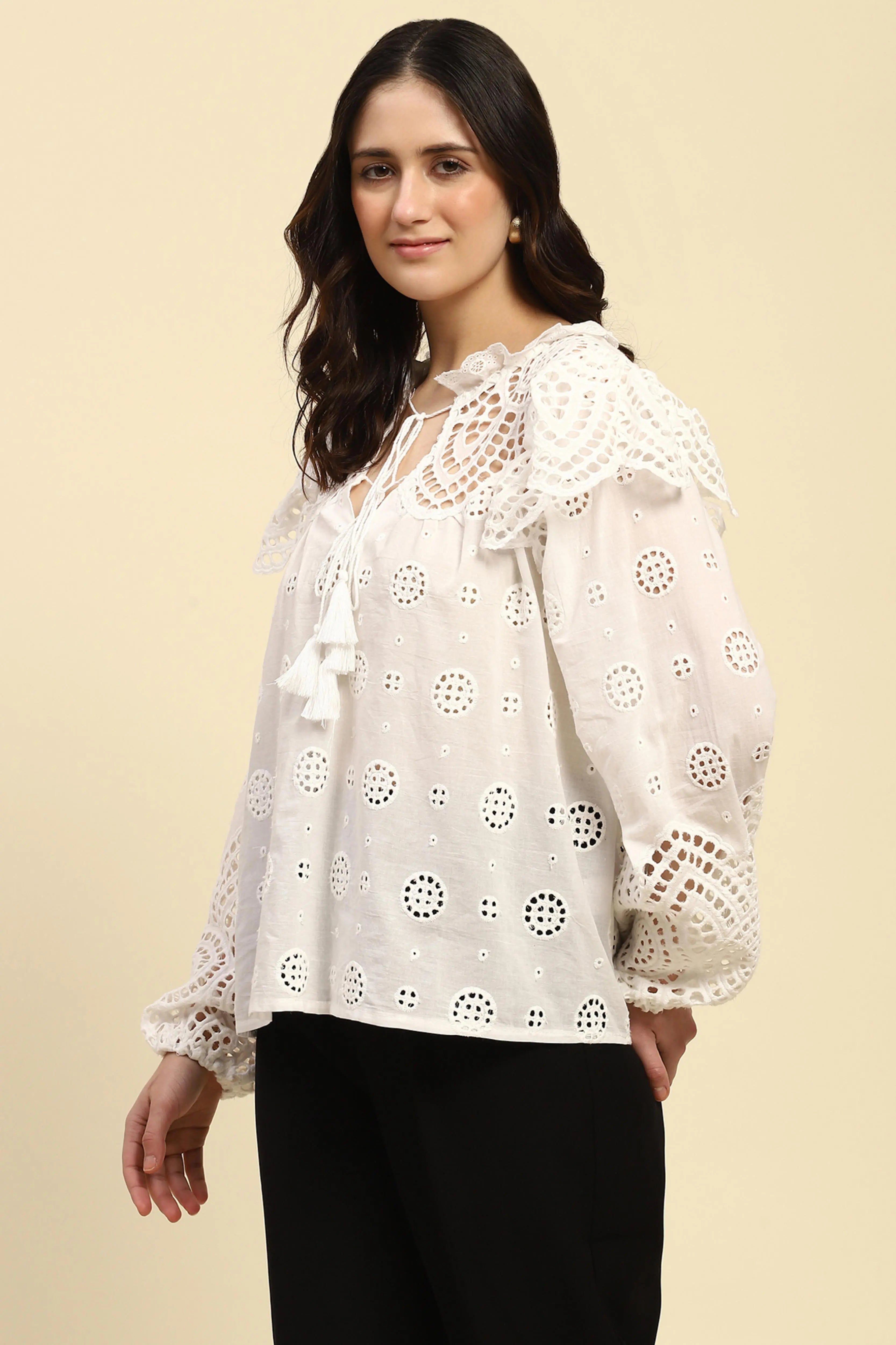 White Schiffli Embroidered Cotton Top - Global Republic