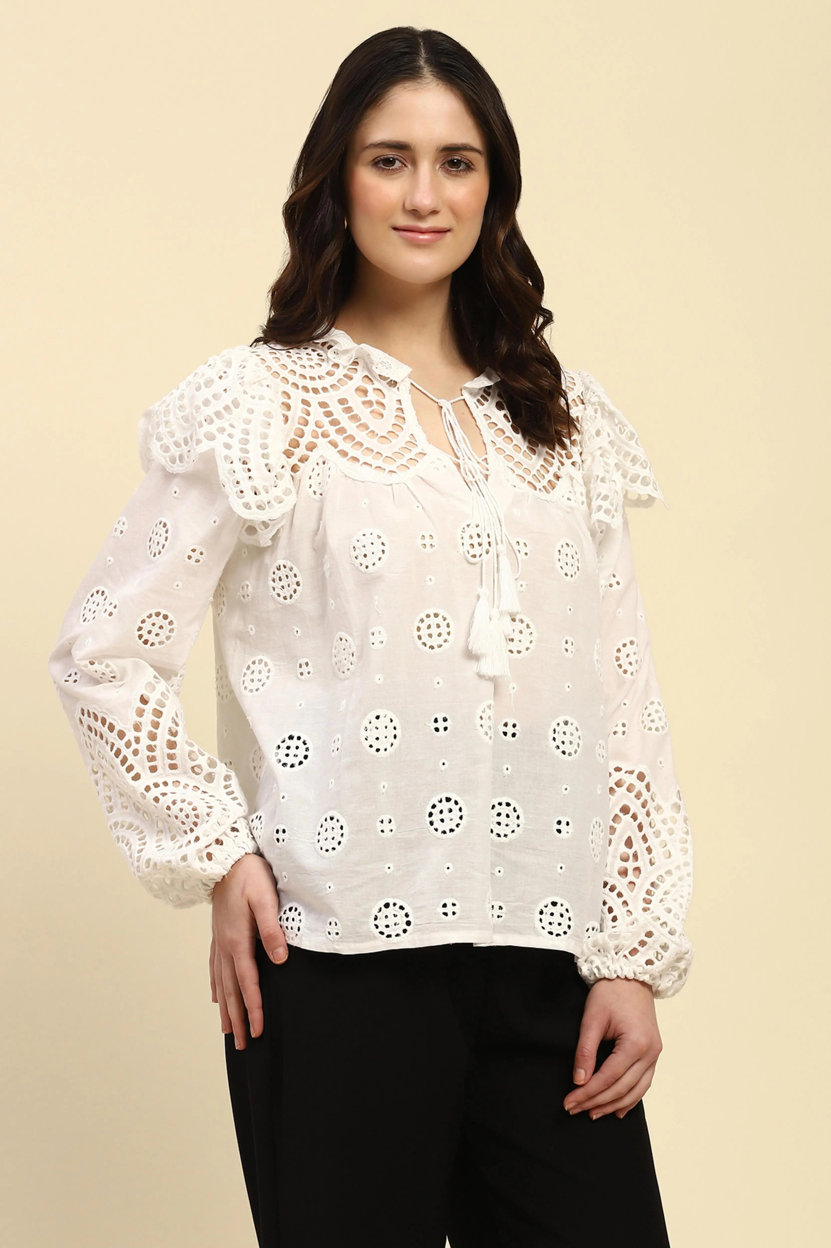 White Schiffli Embroidered Cotton Top - Global Republic