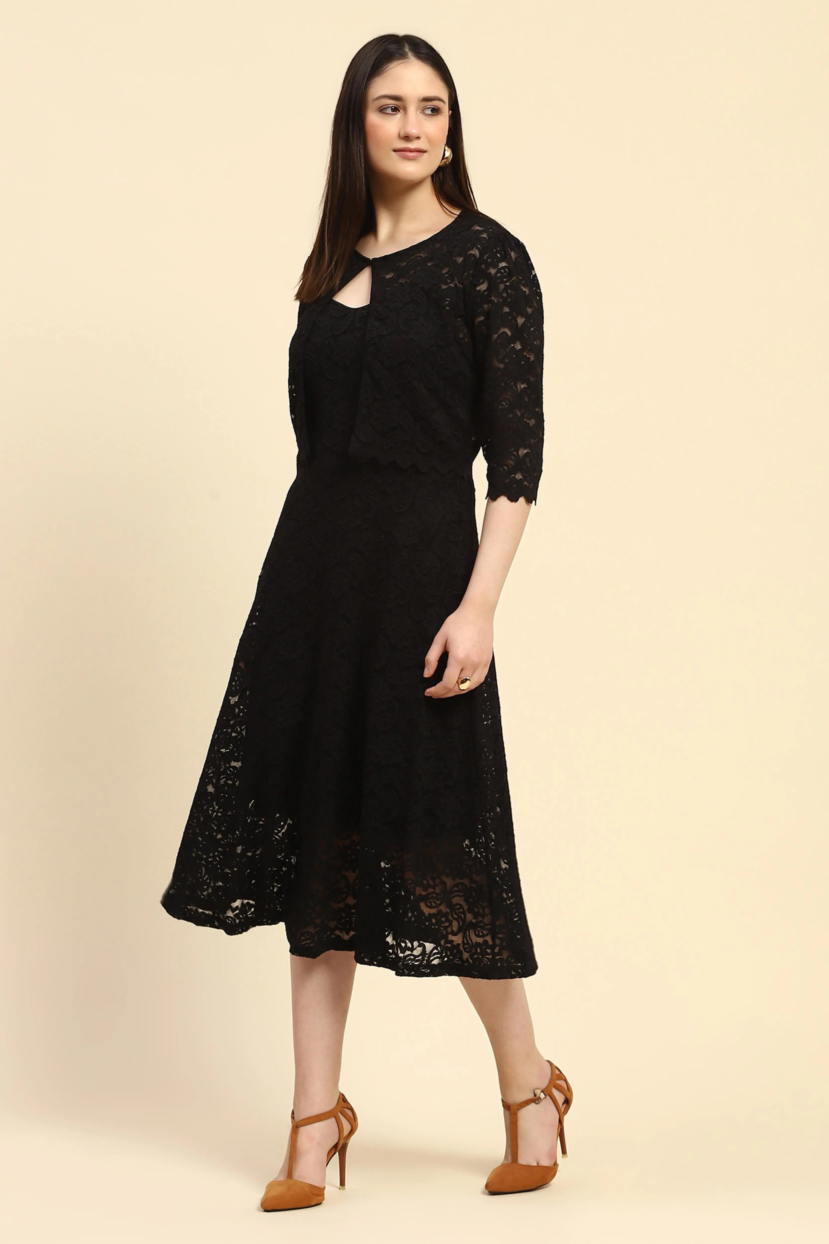Black Floral Lace Fit & Flare Dress - Global Republic