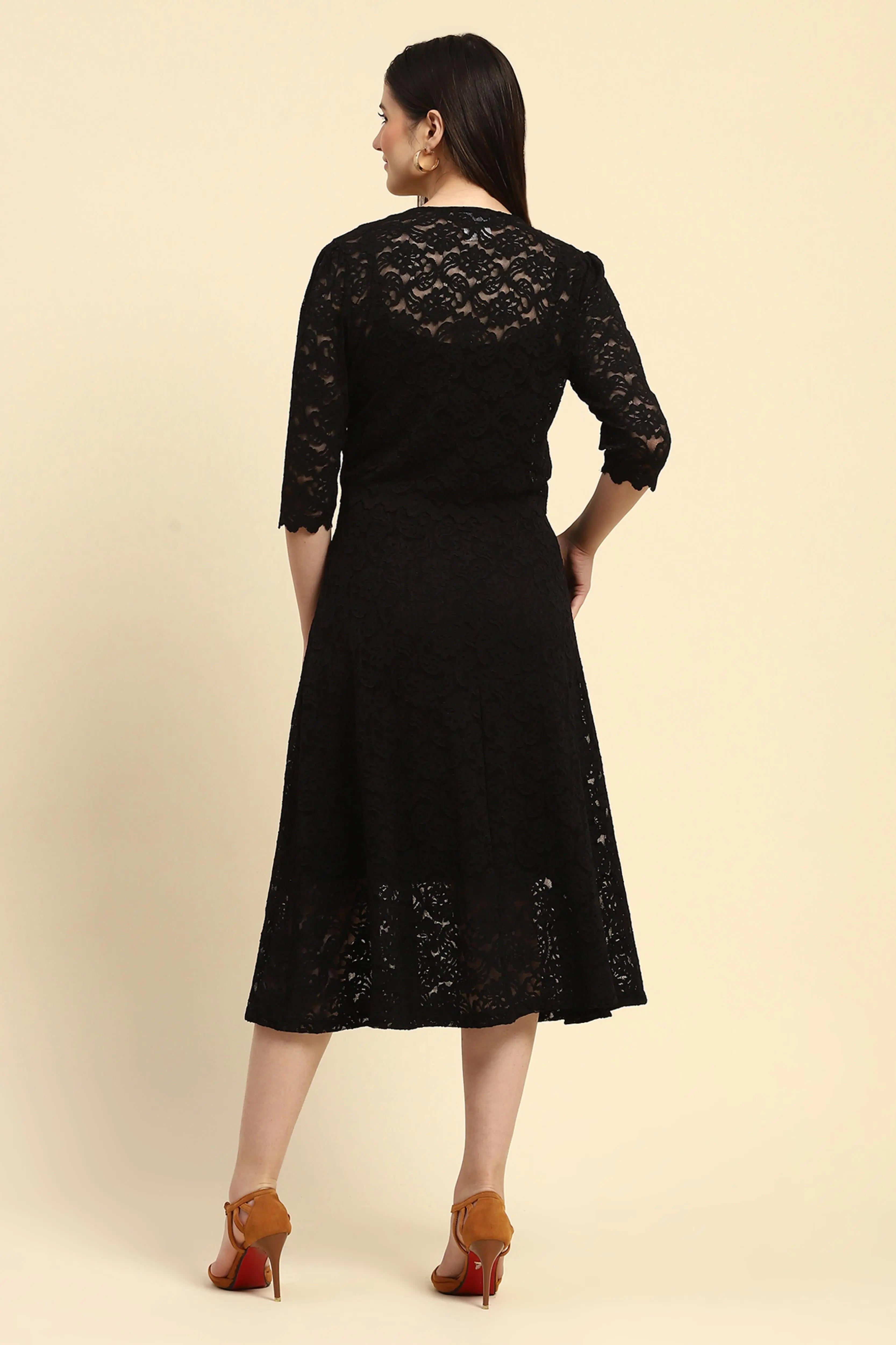 Black Floral Lace Fit & Flare Dress - Global Republic