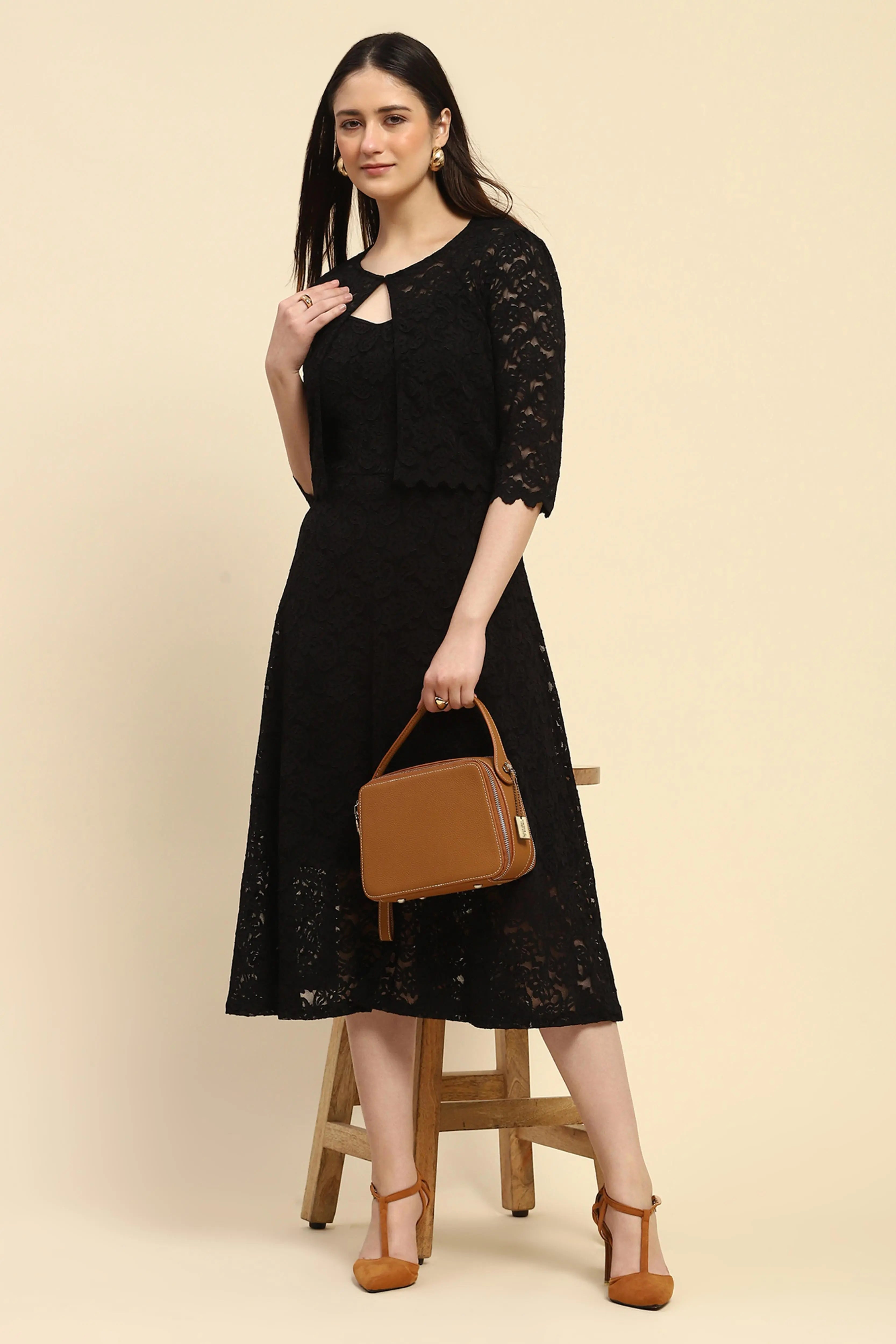 Black Floral Lace Fit & Flare Dress - Global Republic
