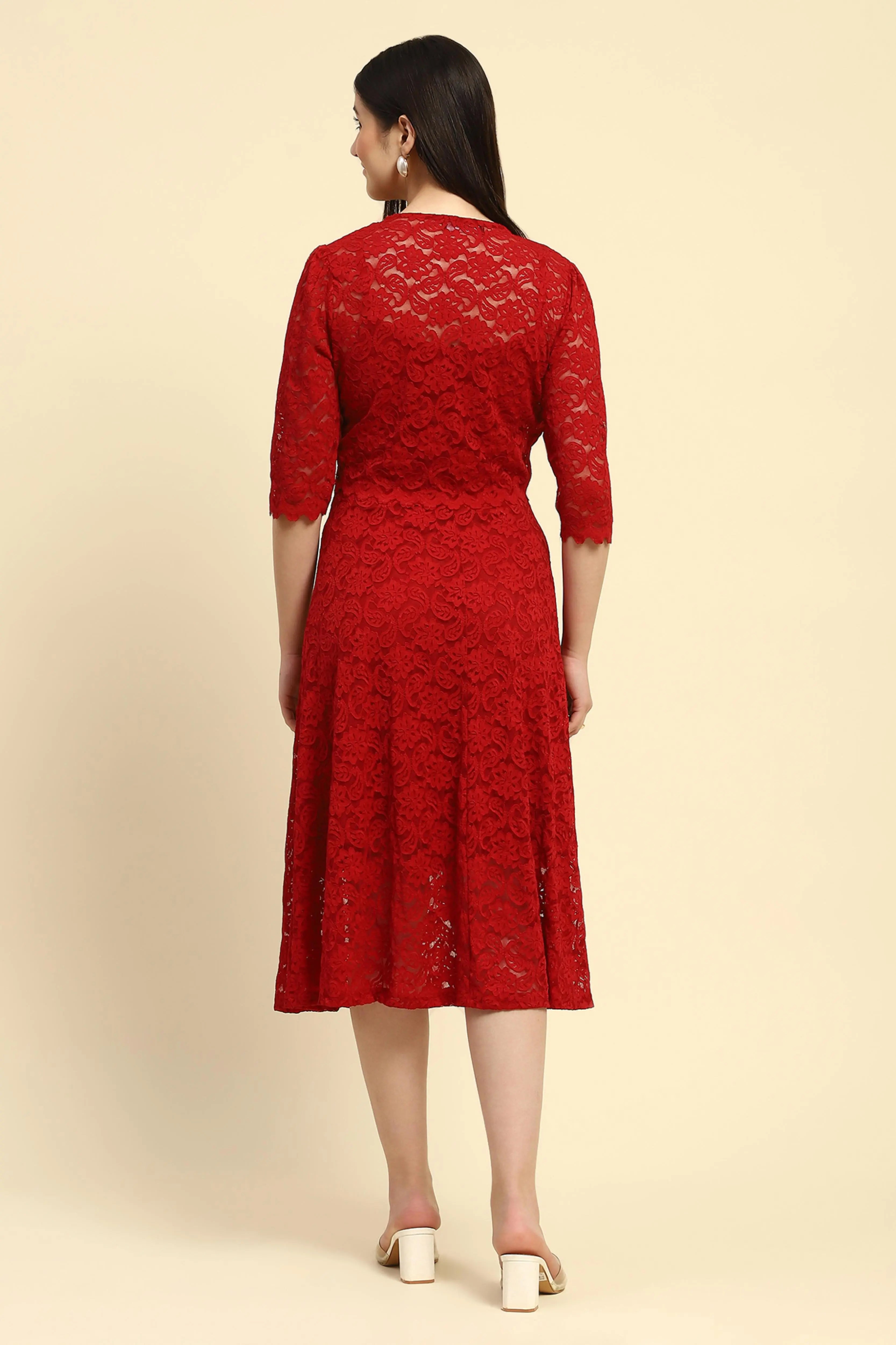 Maroon Floral Lace Fit & Flare Dress