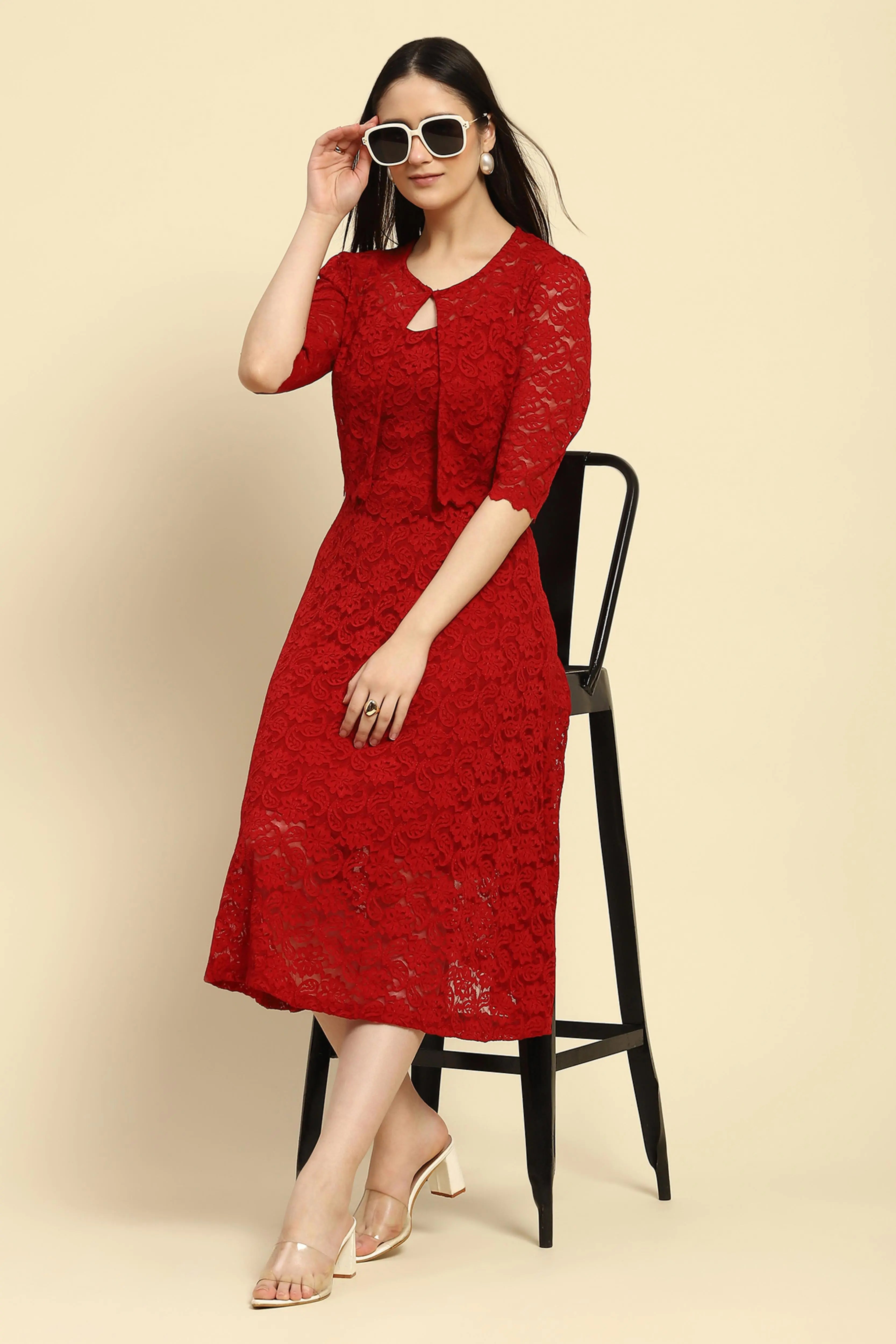 Maroon Floral Lace Fit & Flare Dress - Global Republic