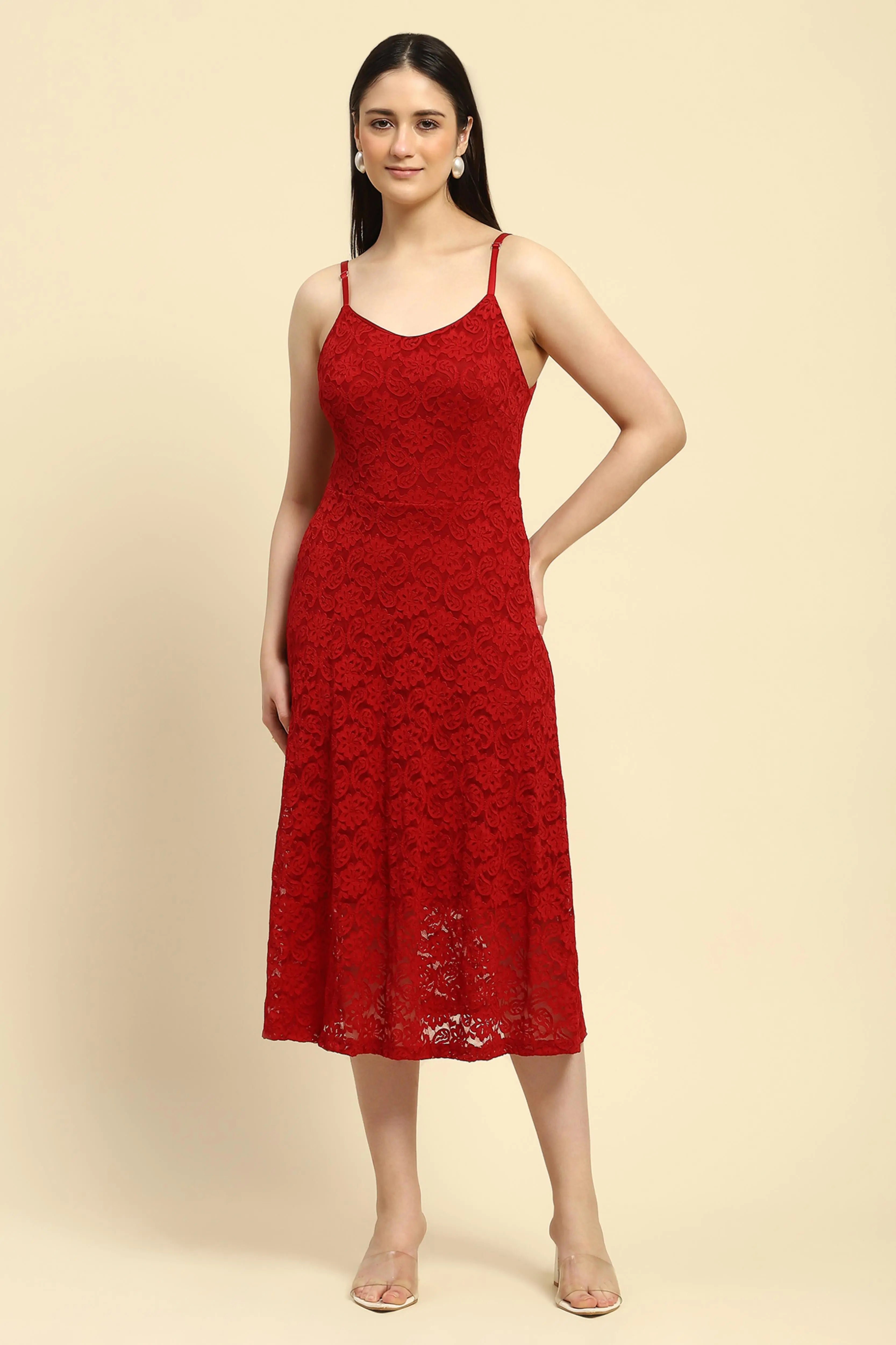 Maroon Floral Lace Fit & Flare Dress - Global Republic