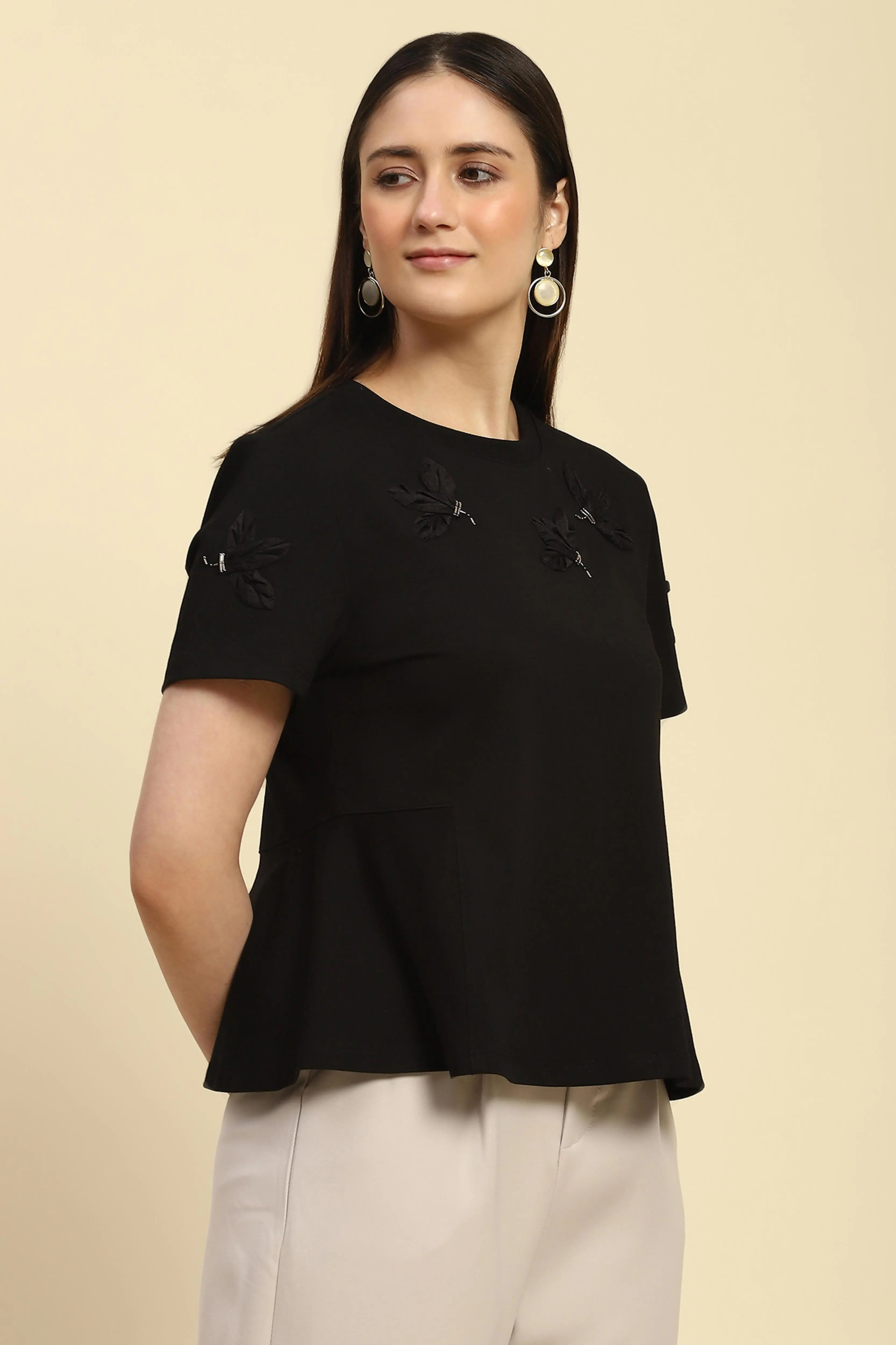Black Applique UV Protection Top - Global Republic