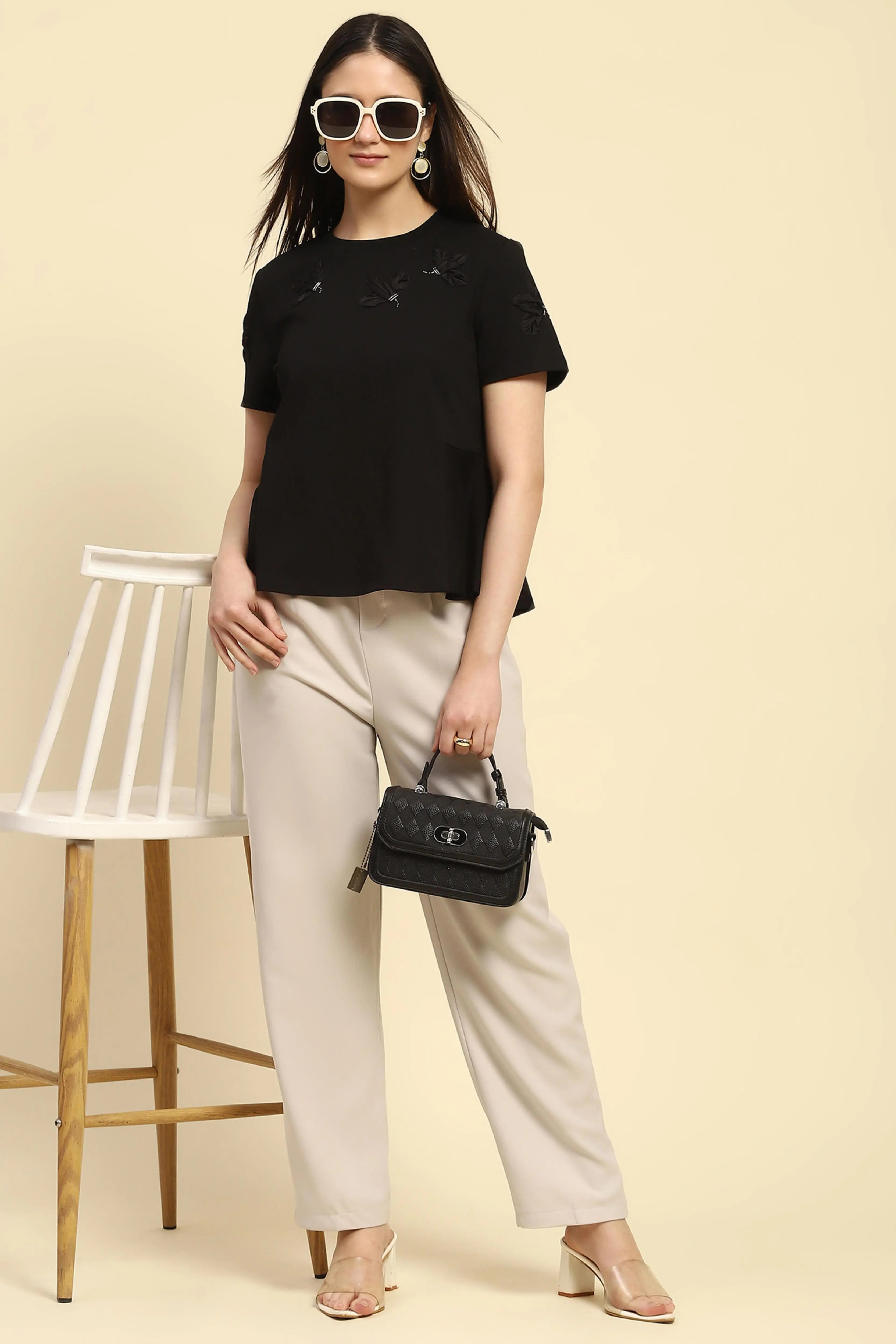 Black Applique UV Protection Top - Global Republic