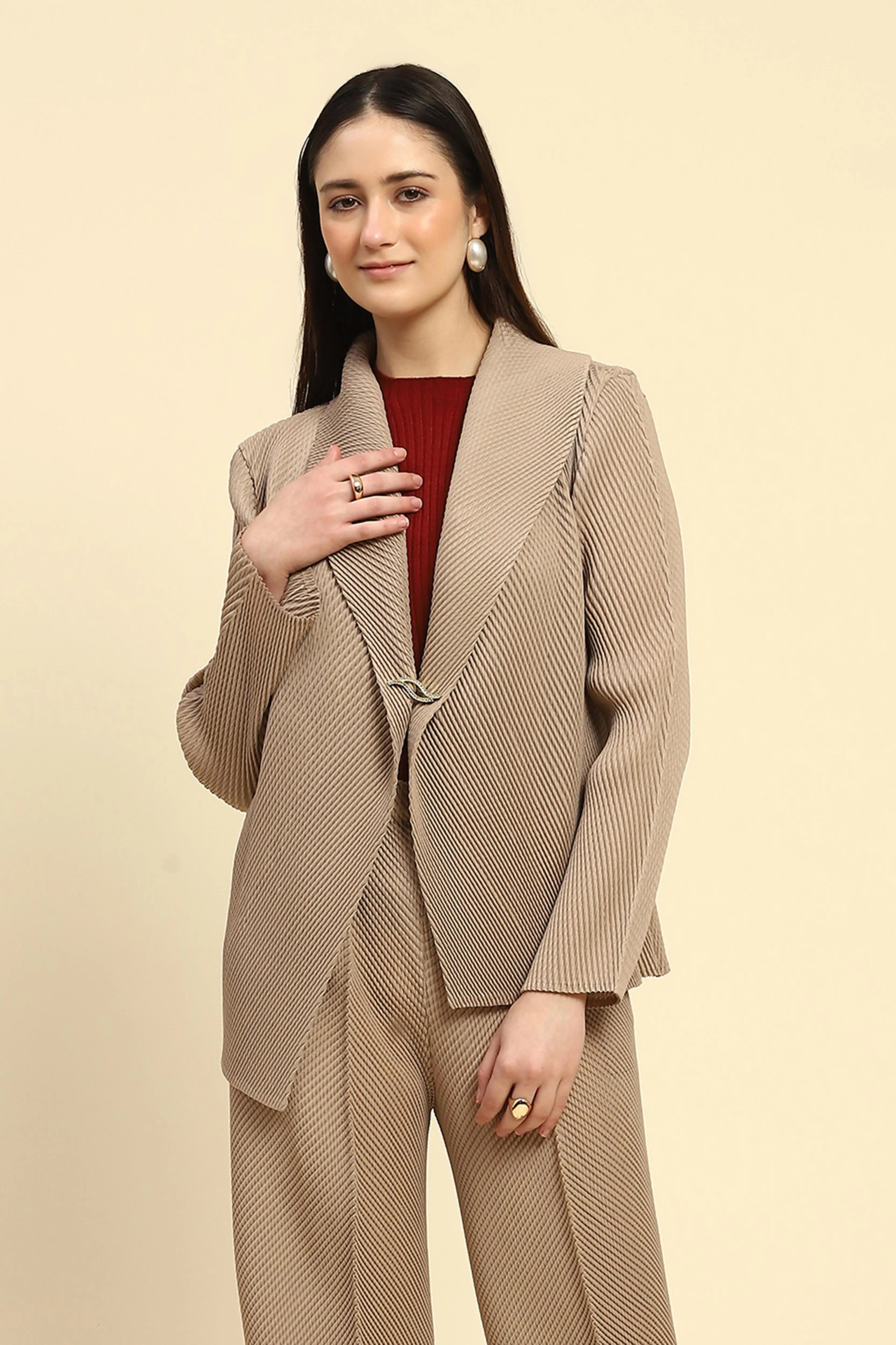 Beige Pleated Loose Shrug - Global Republic