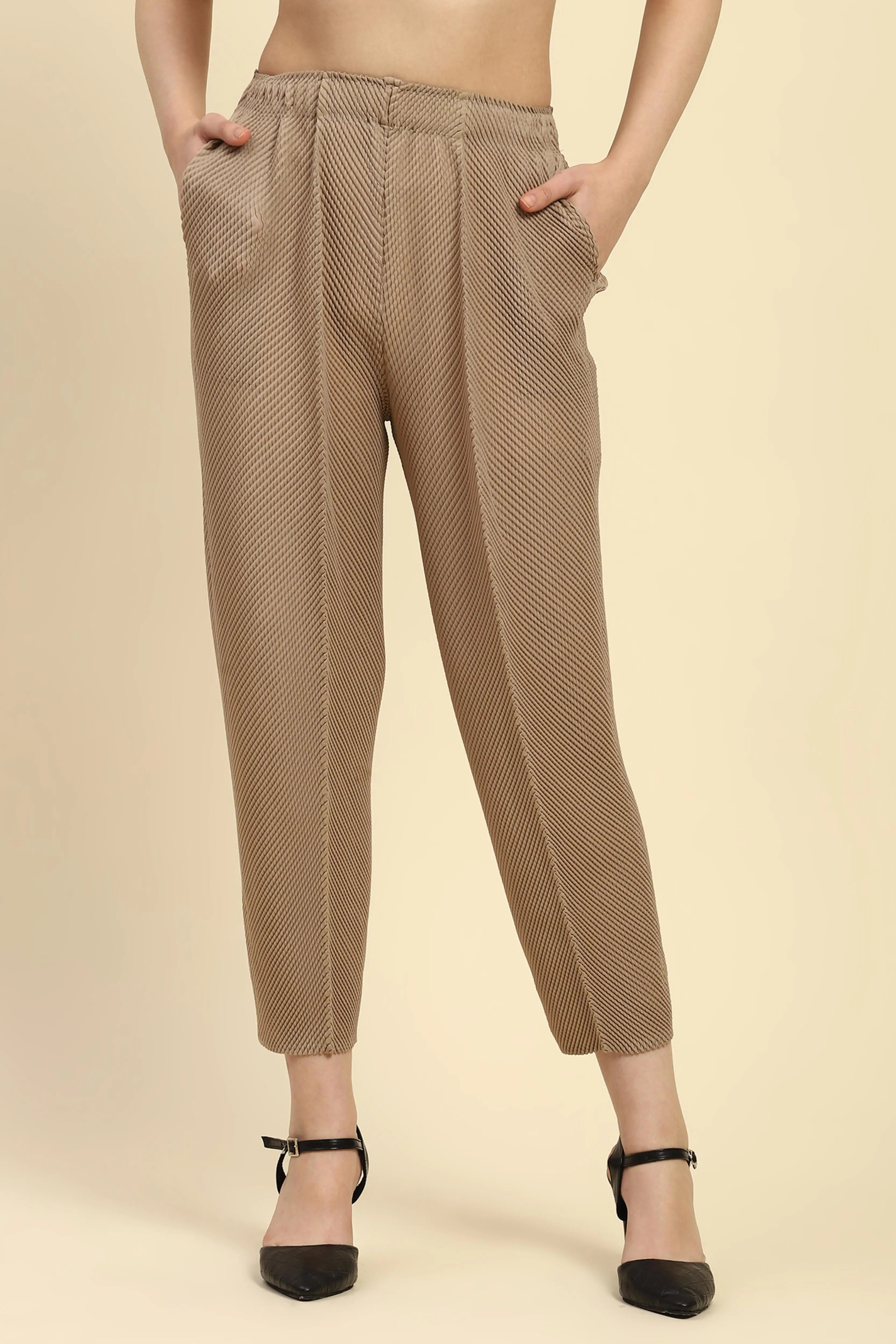 Beige Pleated  Loose Lower - Global Republic