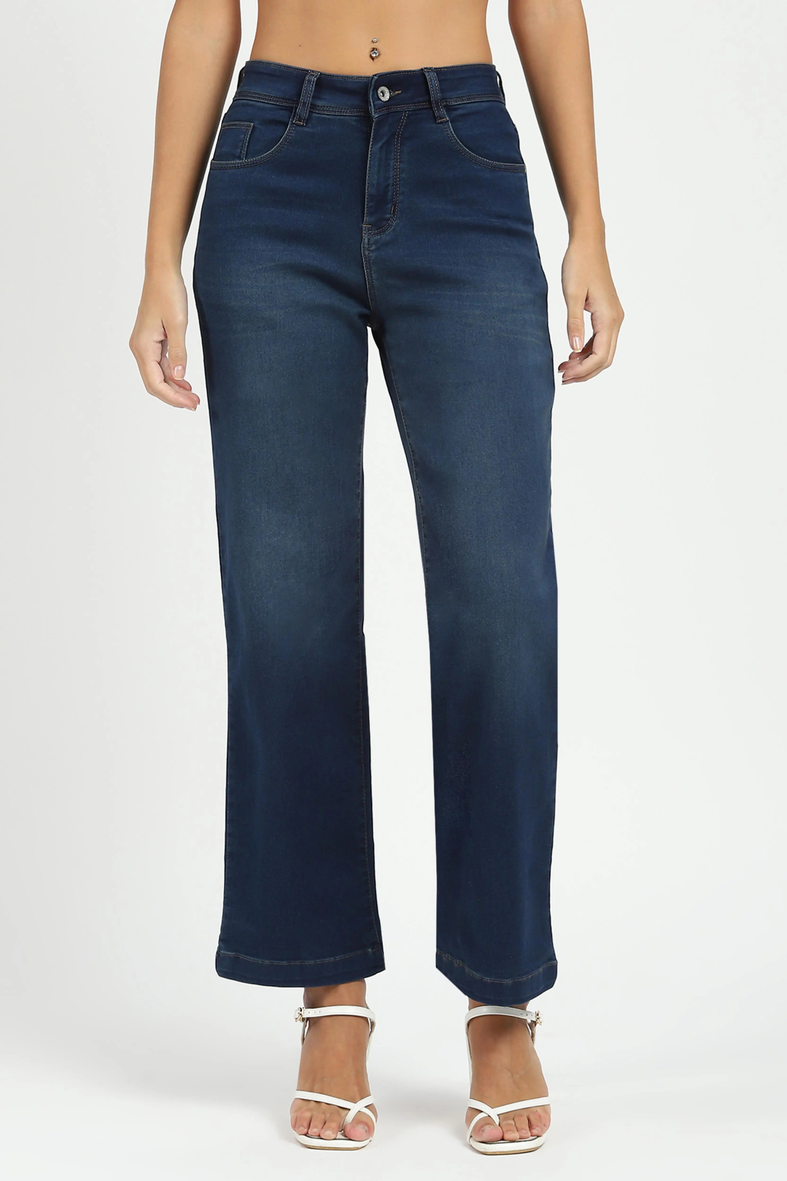 Blue Solid High Waist Straight Jeans - Global Republic