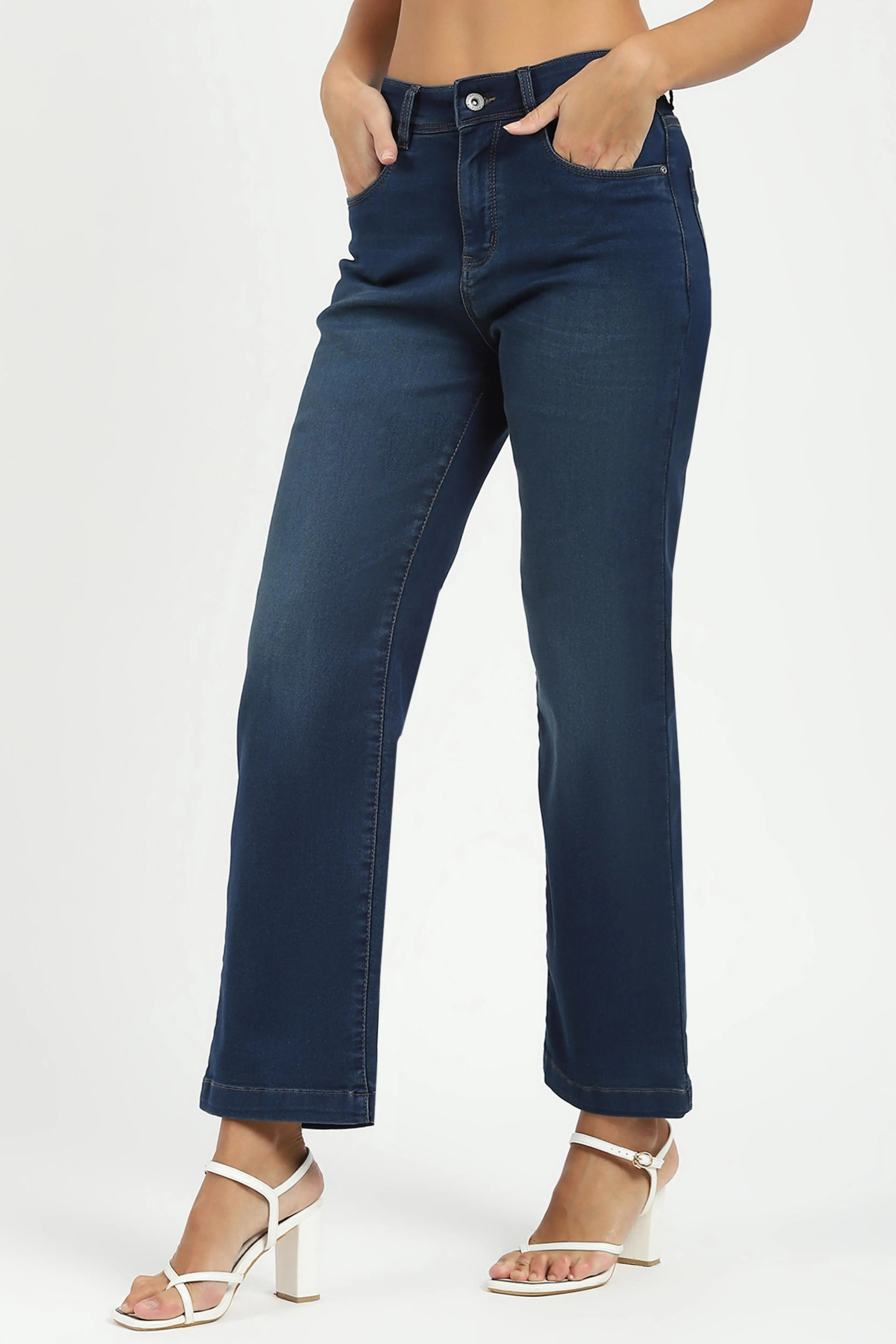 Blue Solid High Waist Straight Jeans - Global Republic