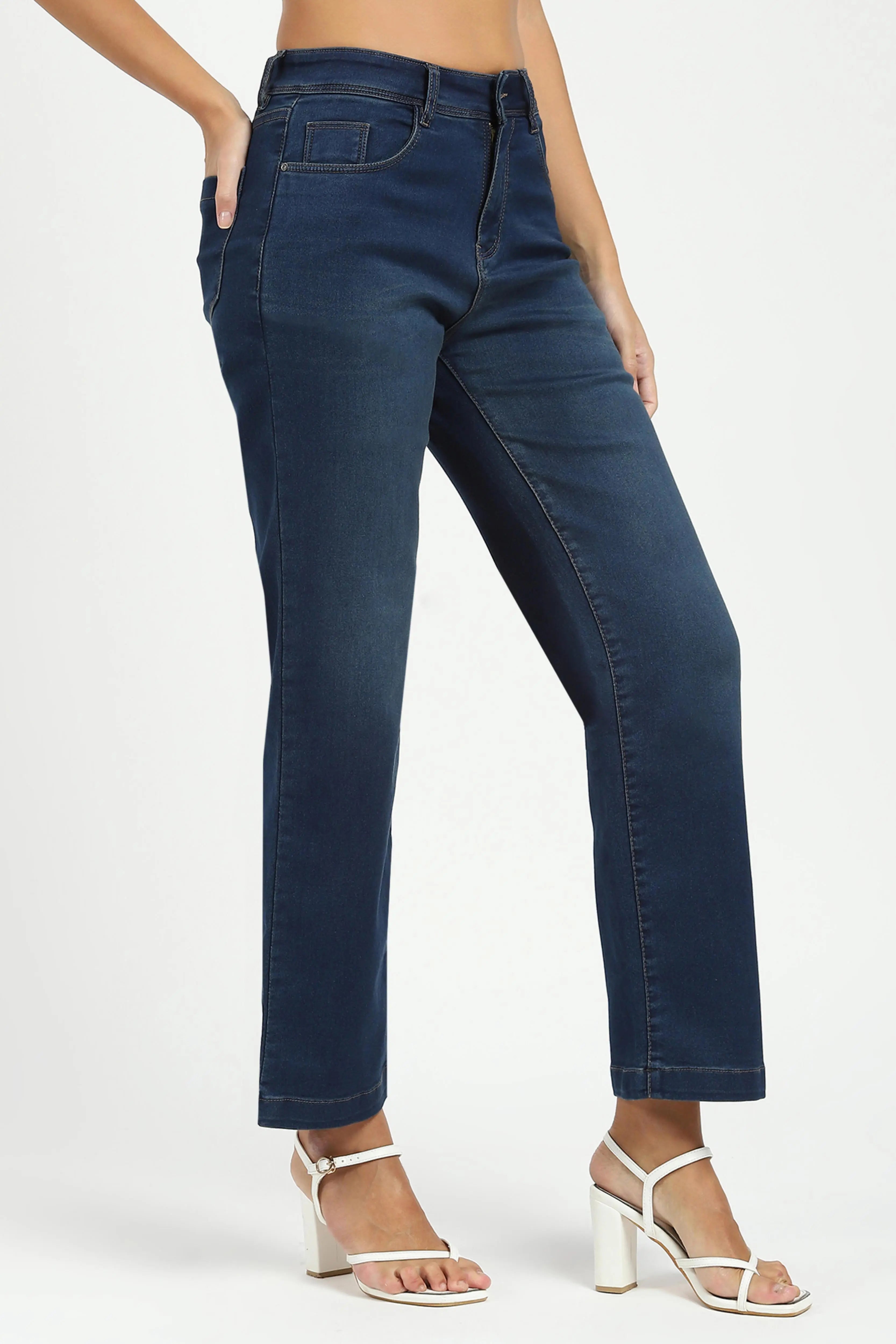 Blue Solid High Waist Straight Jeans - Global Republic