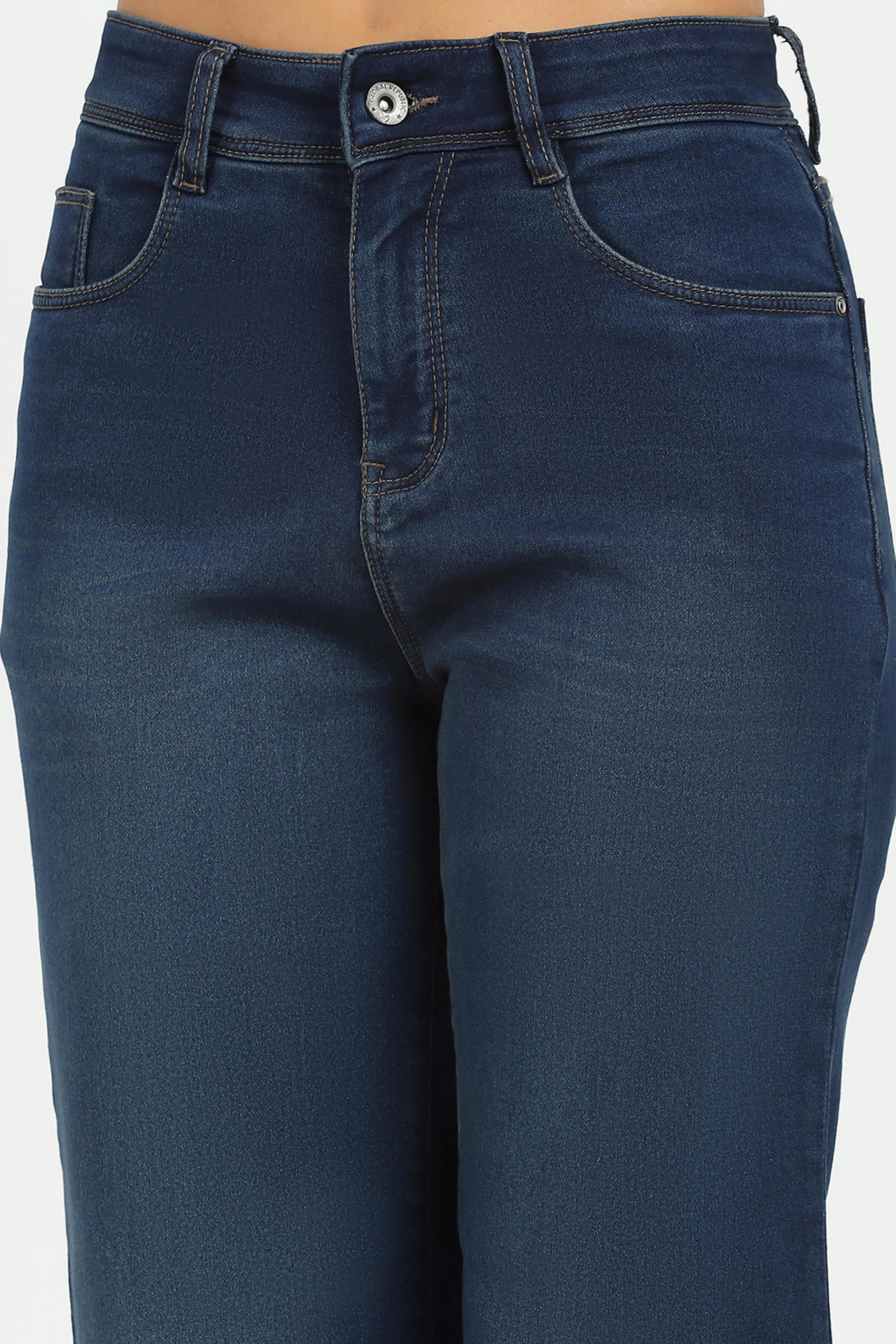 Blue Solid High Waist Straight Jeans - Global Republic