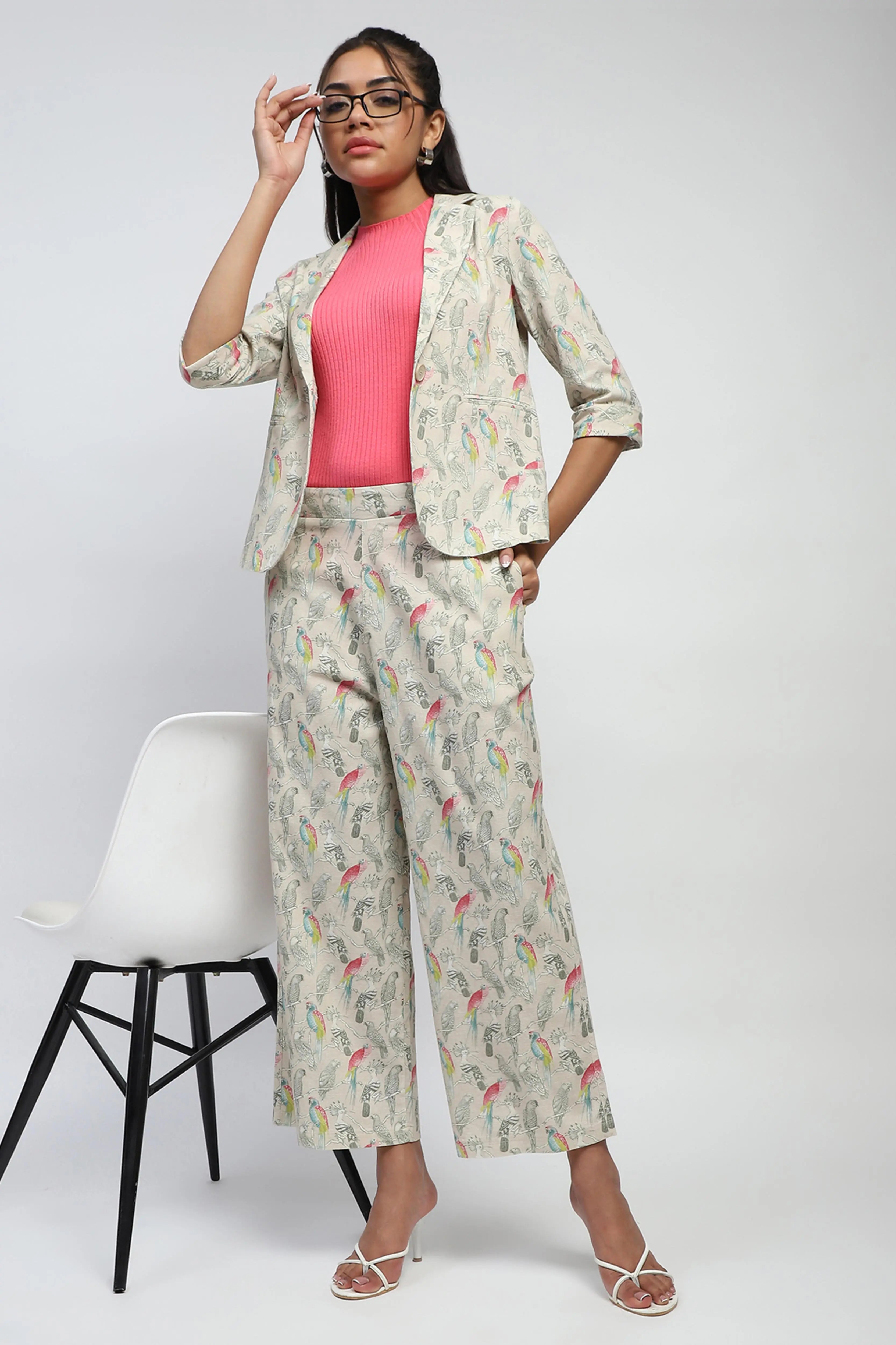 Beige Tropical Cotton Blend Co-ord Set - Global Republic