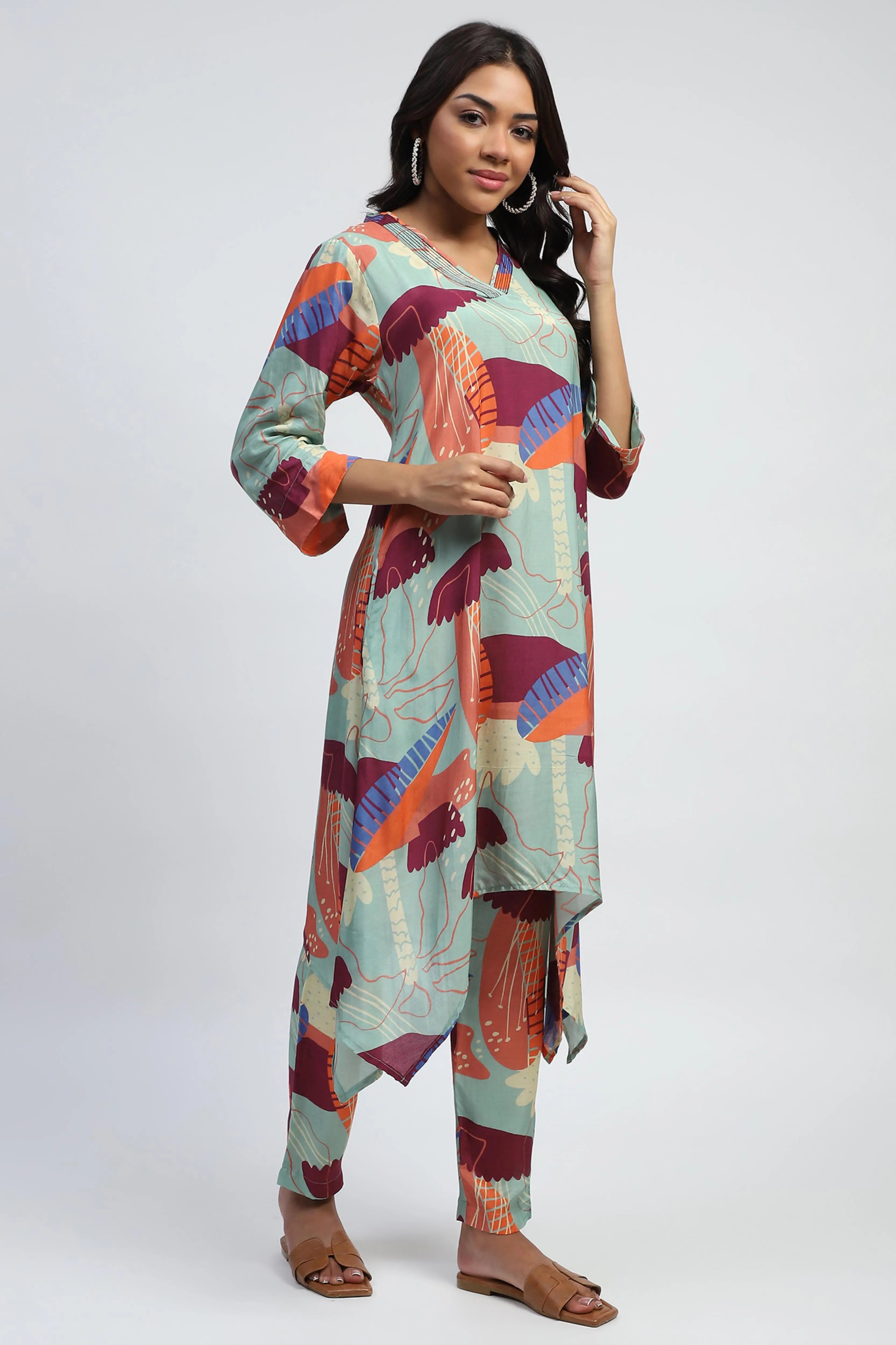 Multi  Abstract Print Rayon Kurta Set - Global Republic