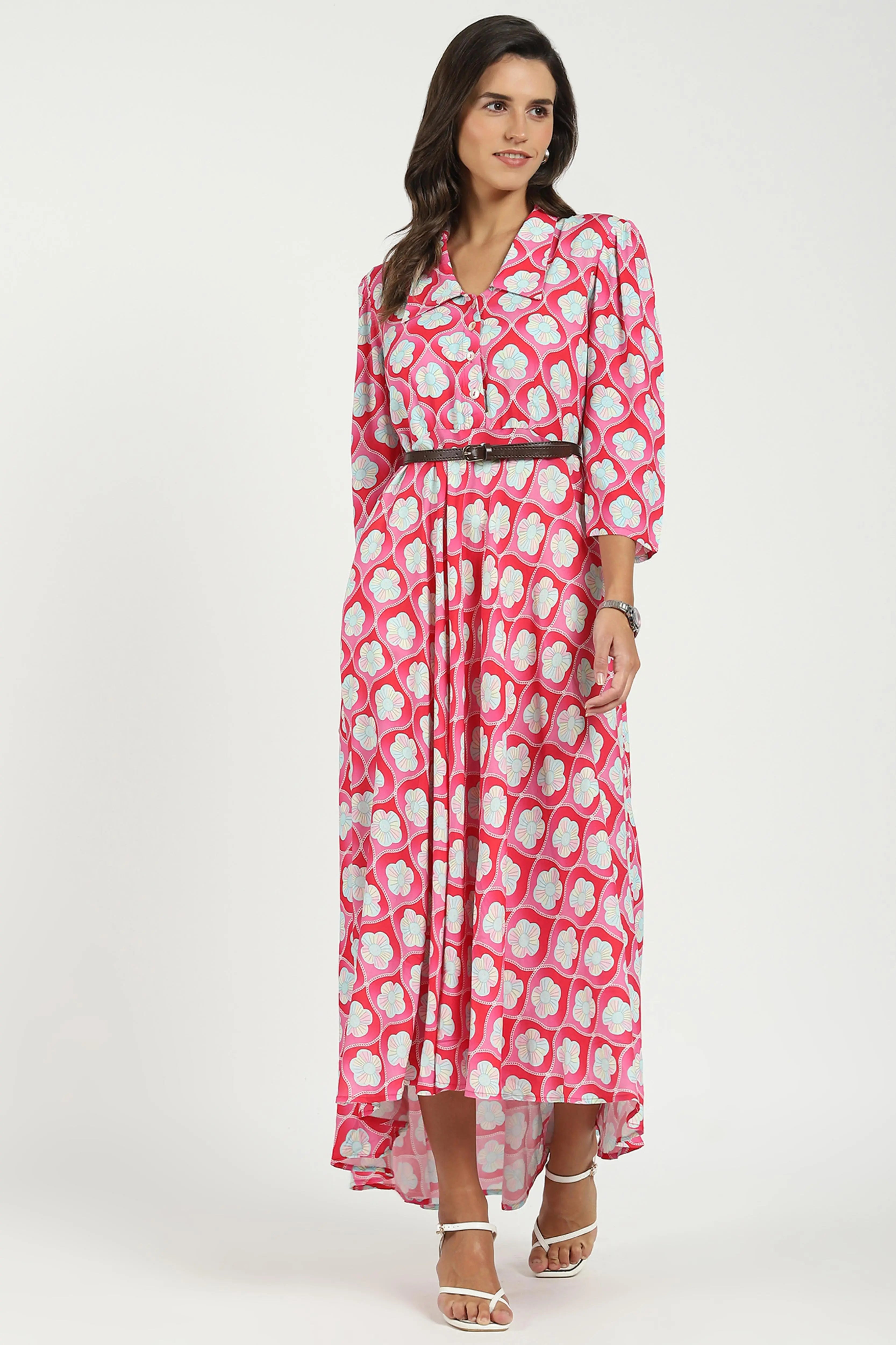 Pink Floral Maxi Dress With Belt - Global Republic