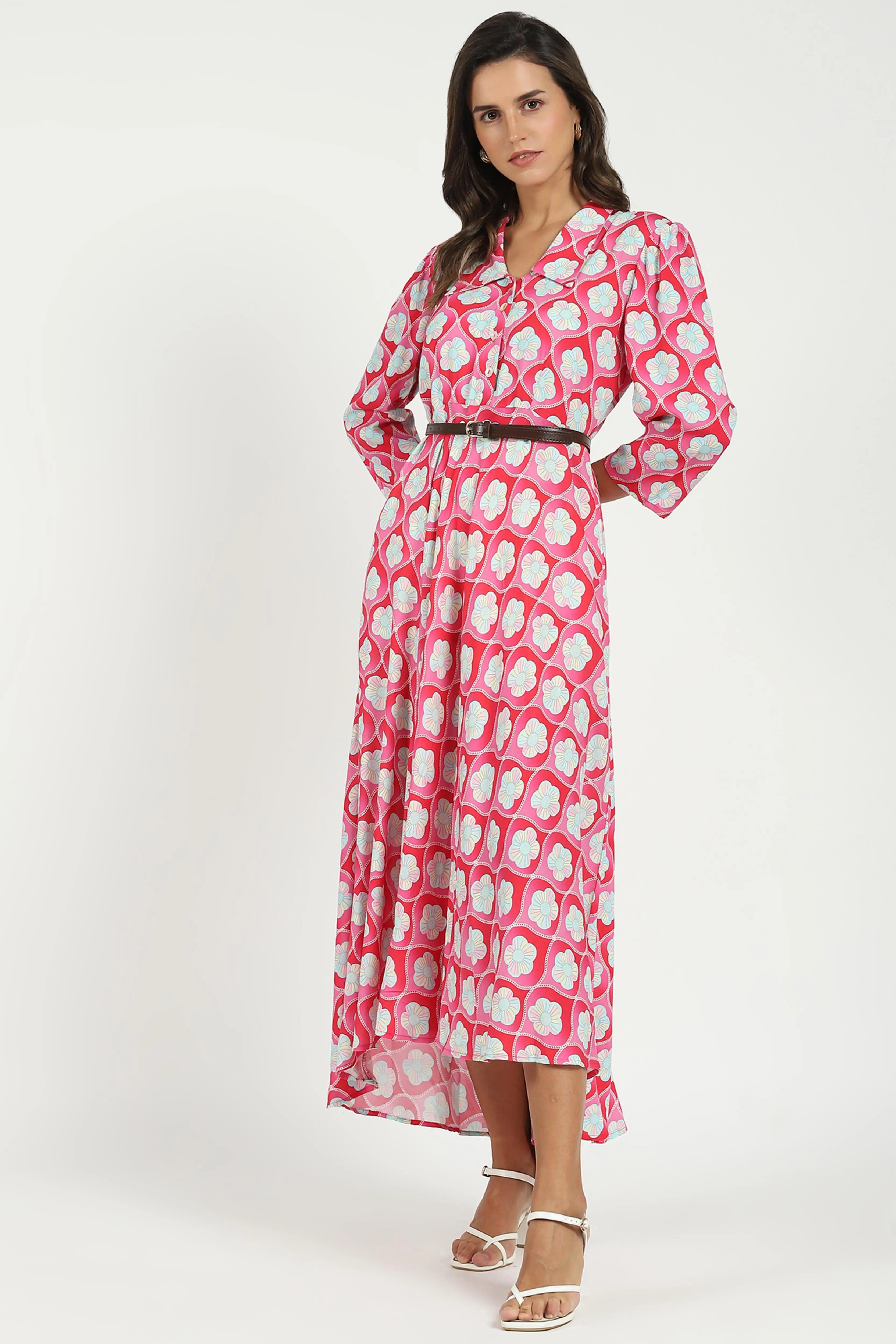 Pink Floral Maxi Dress With Belt - Global Republic