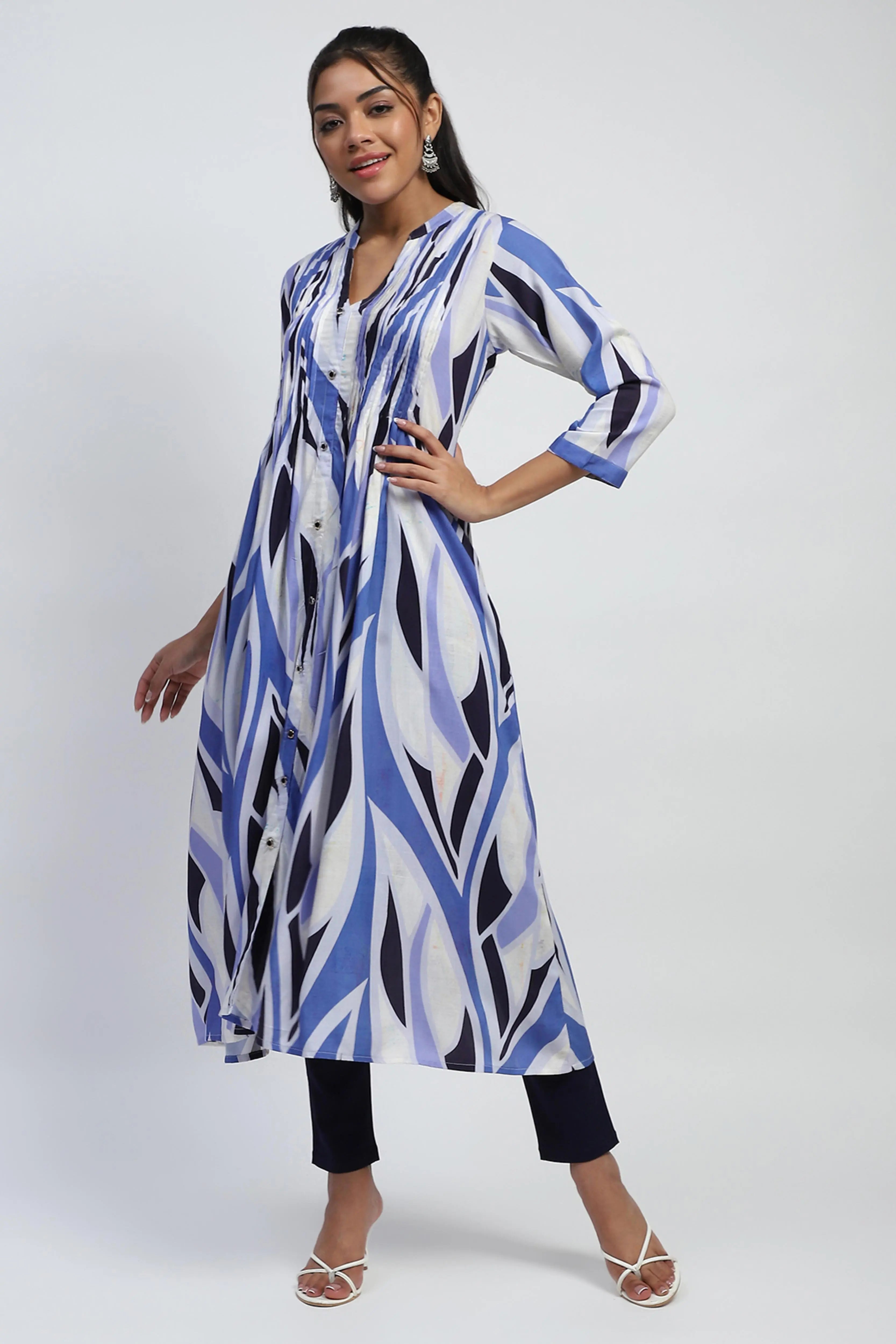 Blue Abstract Cotton Long Kurta/Dress - Global Republic