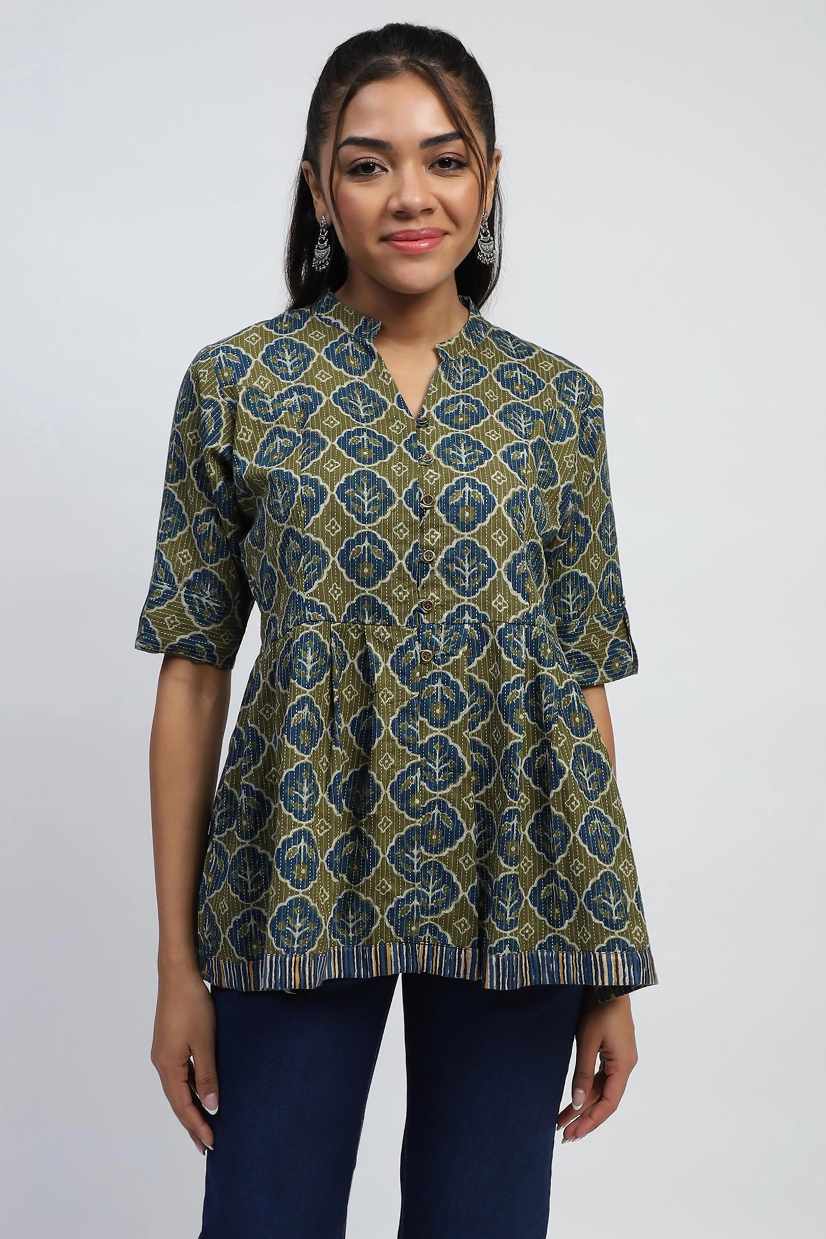 Green Ajrakh Cotton Regular Fit Tunic - Global Republic