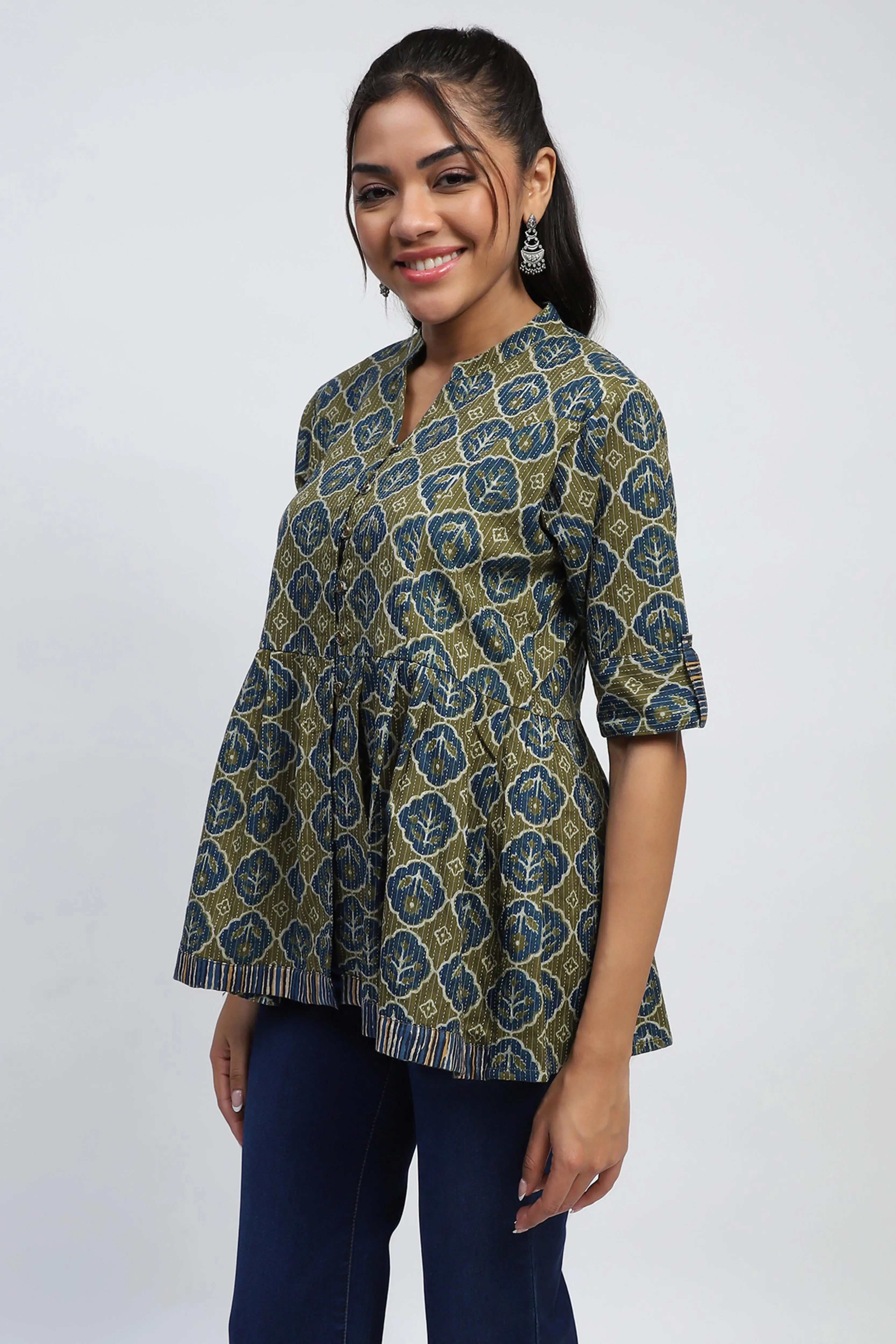 Green Ajrakh Cotton Regular Fit Tunic - Global Republic