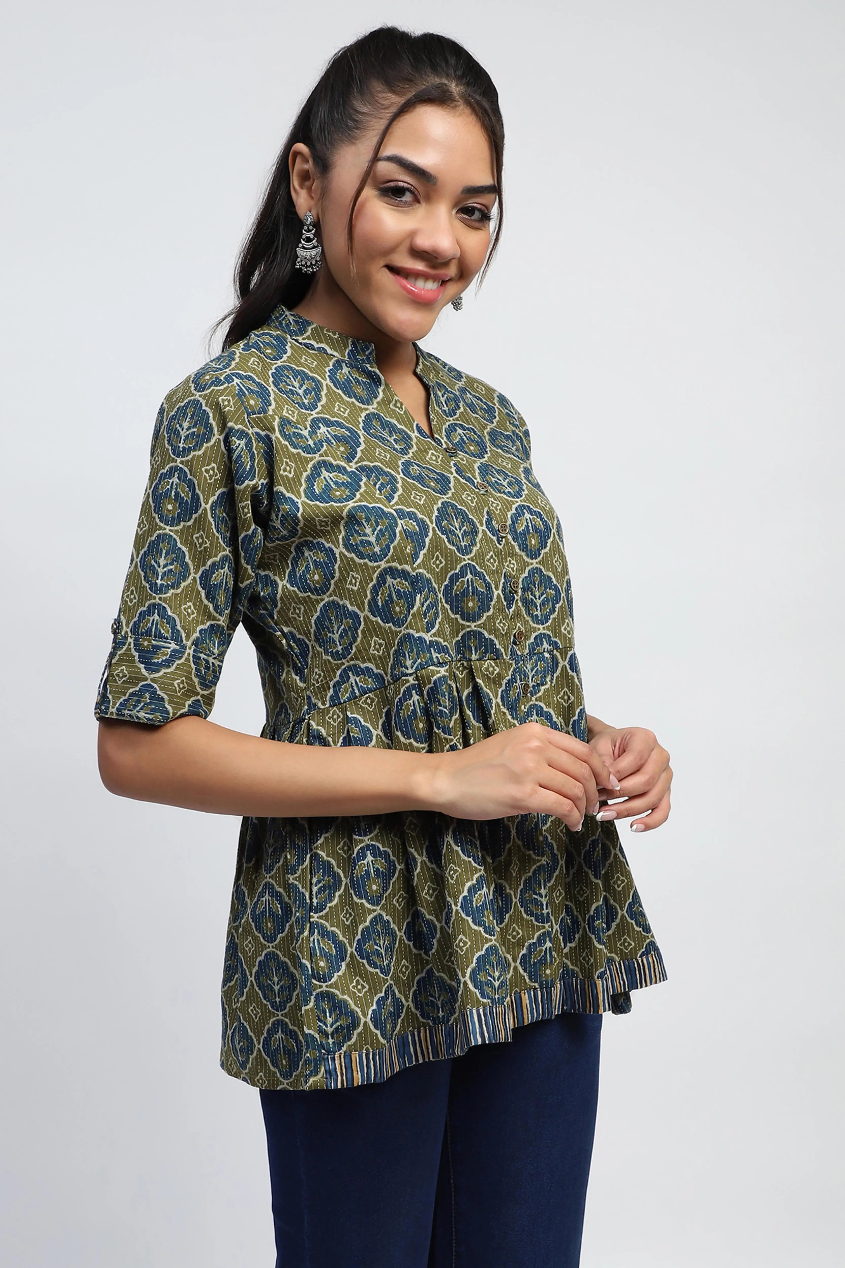 Green Ajrakh Cotton Regular Fit Tunic - Global Republic