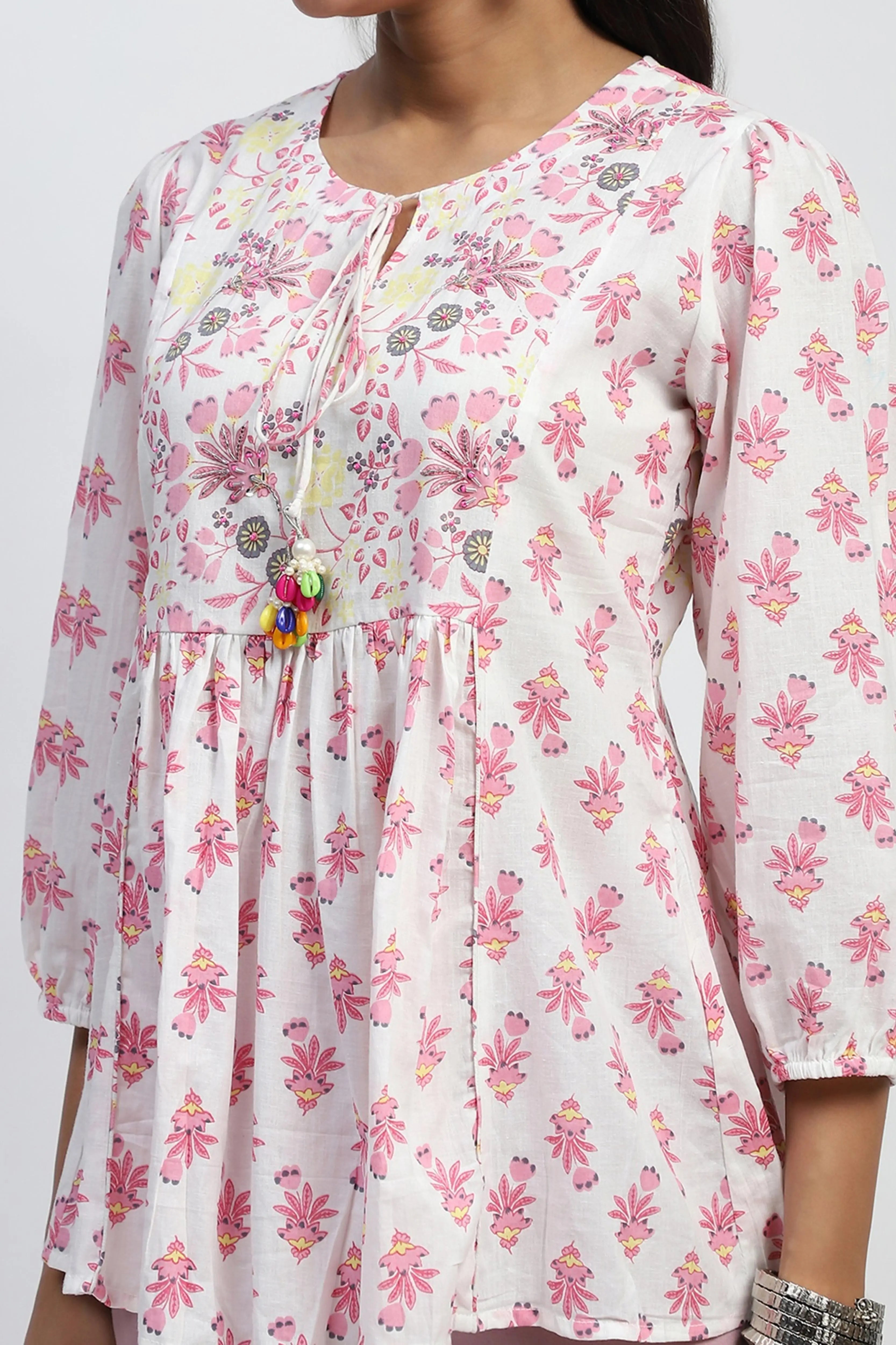 White Floral Embroidered Cotton Tunic - Global Republic