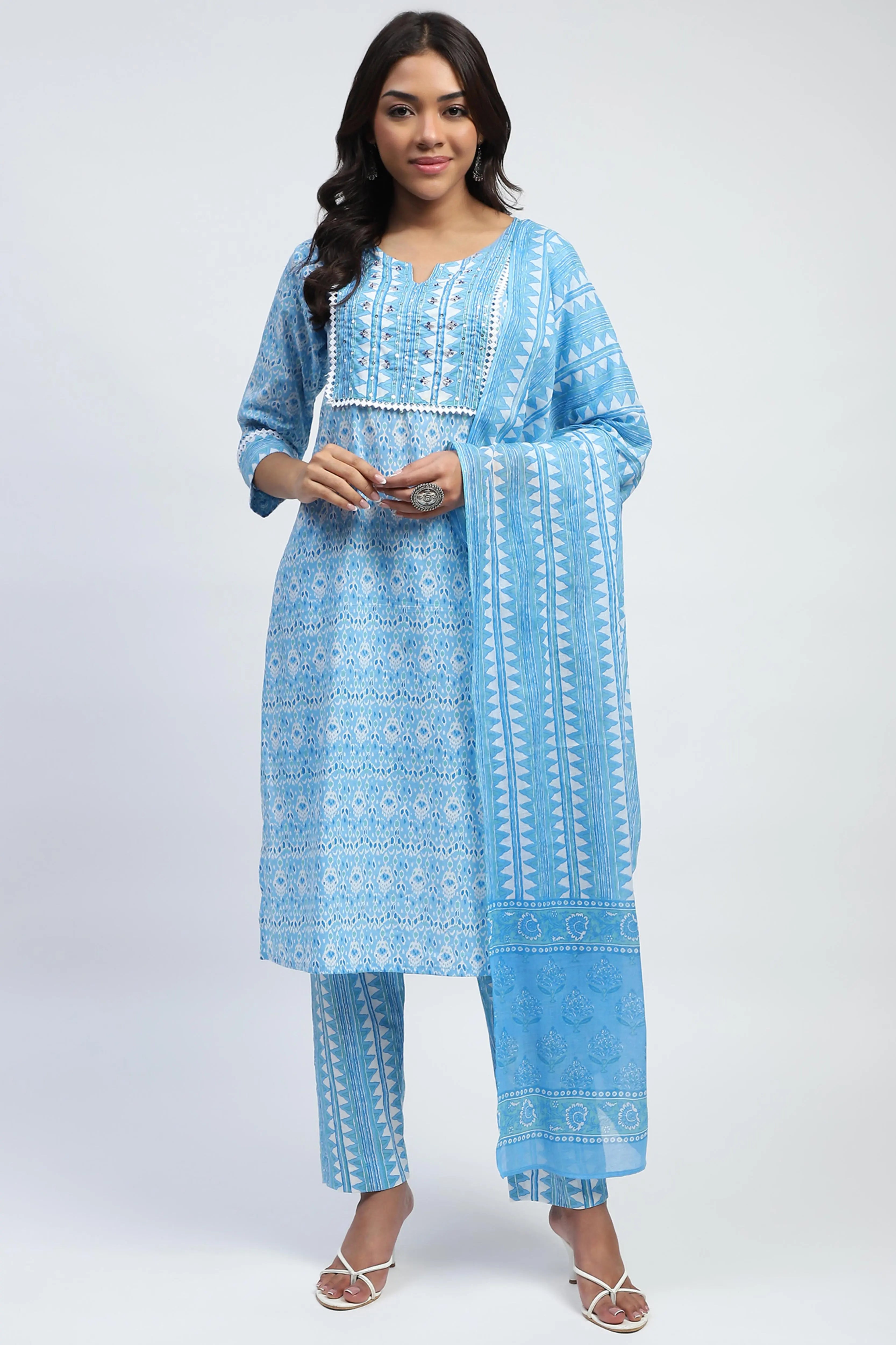 Blue Printed Cotton Suit Set - Global Republic