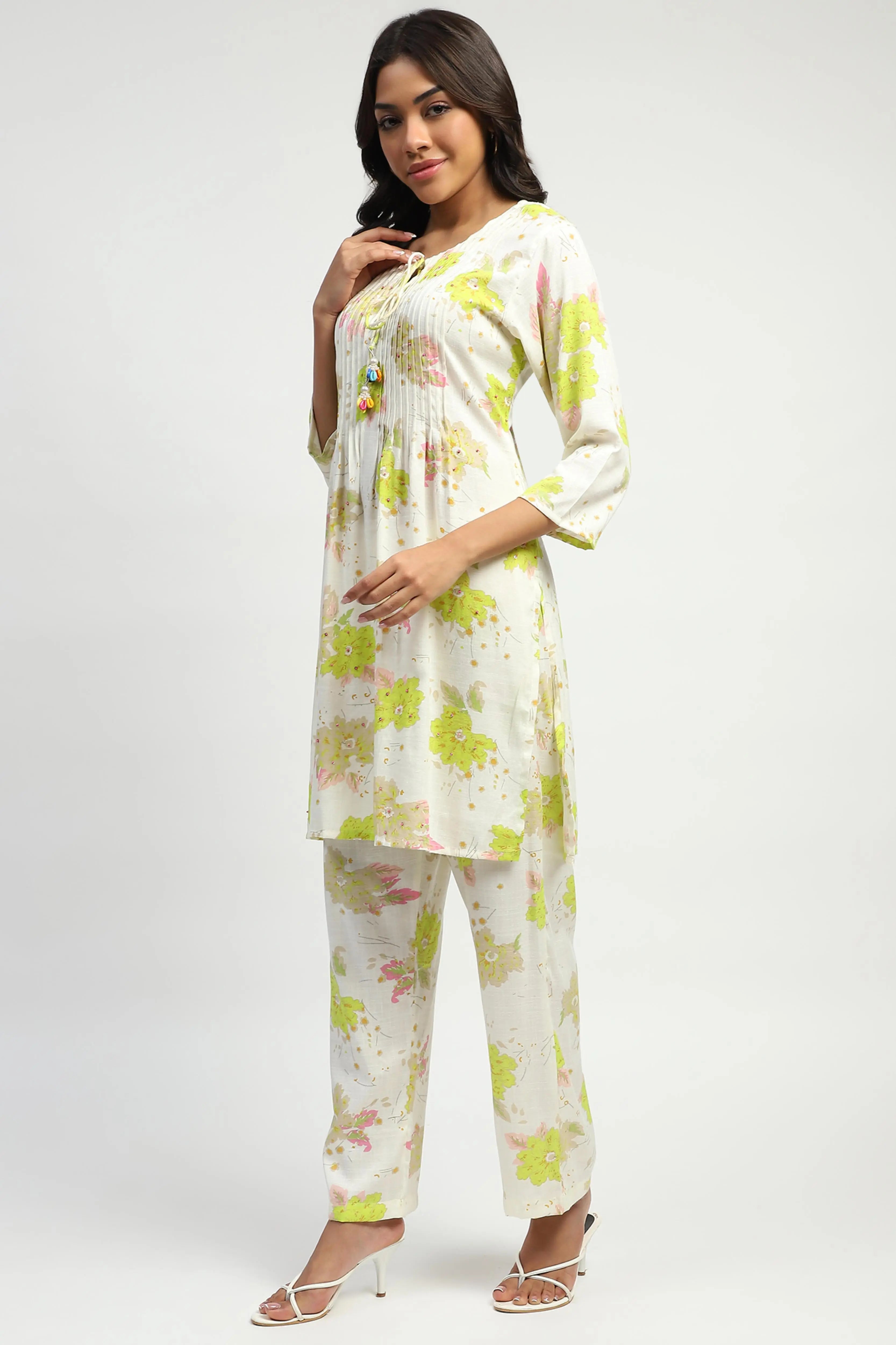 White & Green Floral Cotton Kurta Set - Global Republic