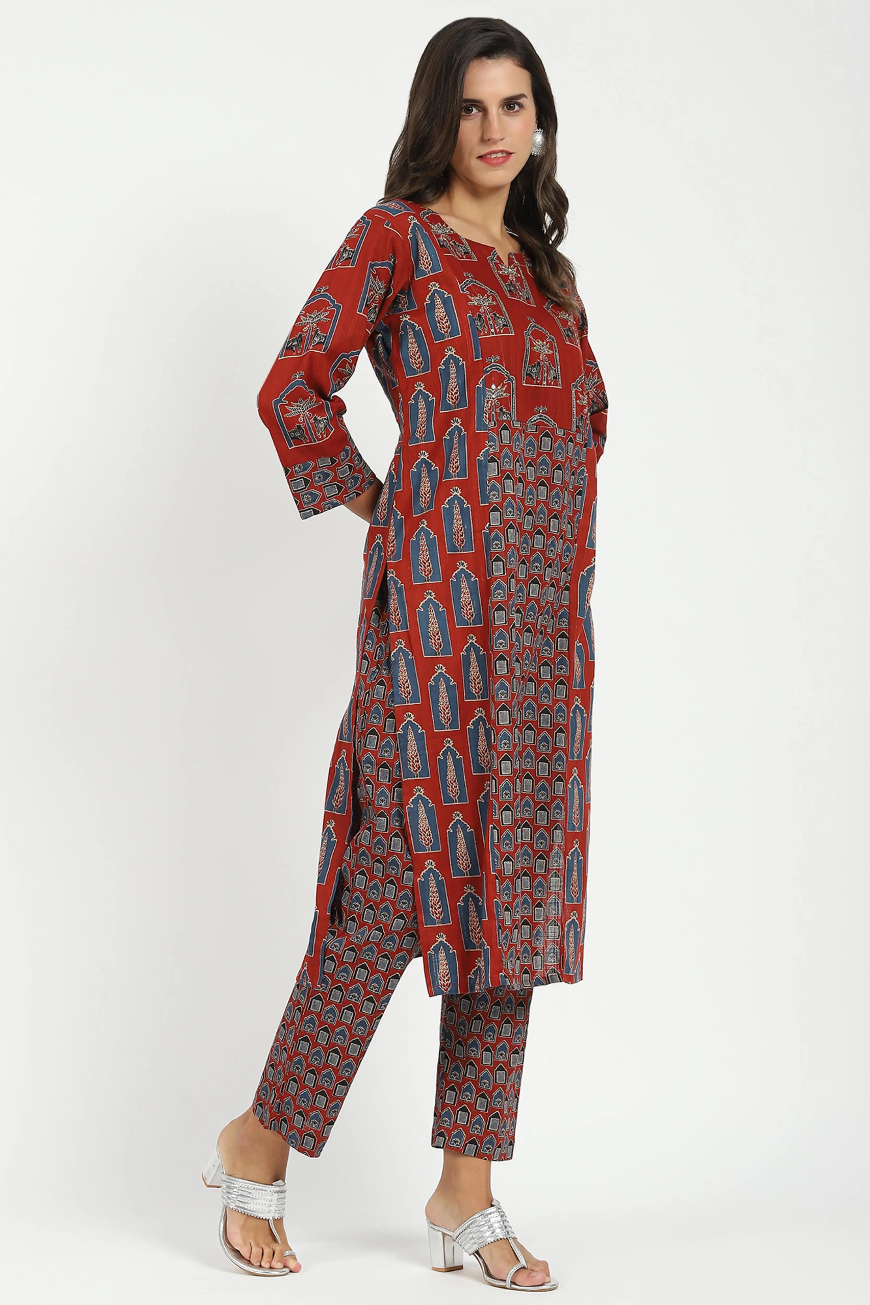 Maroon Ajrakh Embellsihed Cotton Kurta - Global Republic