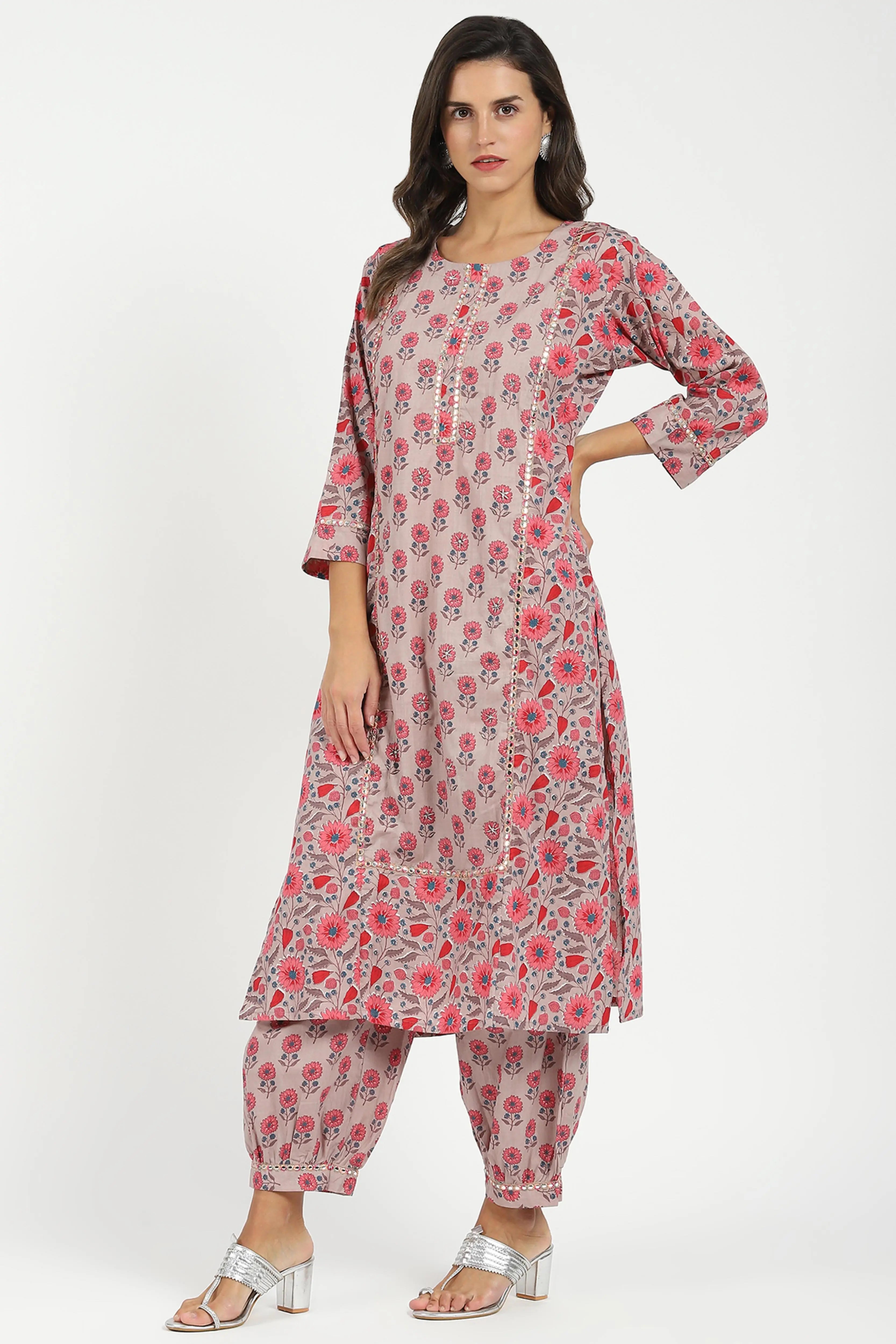 Pink Floral Cotton Afghani Kurta Set - Global Republic