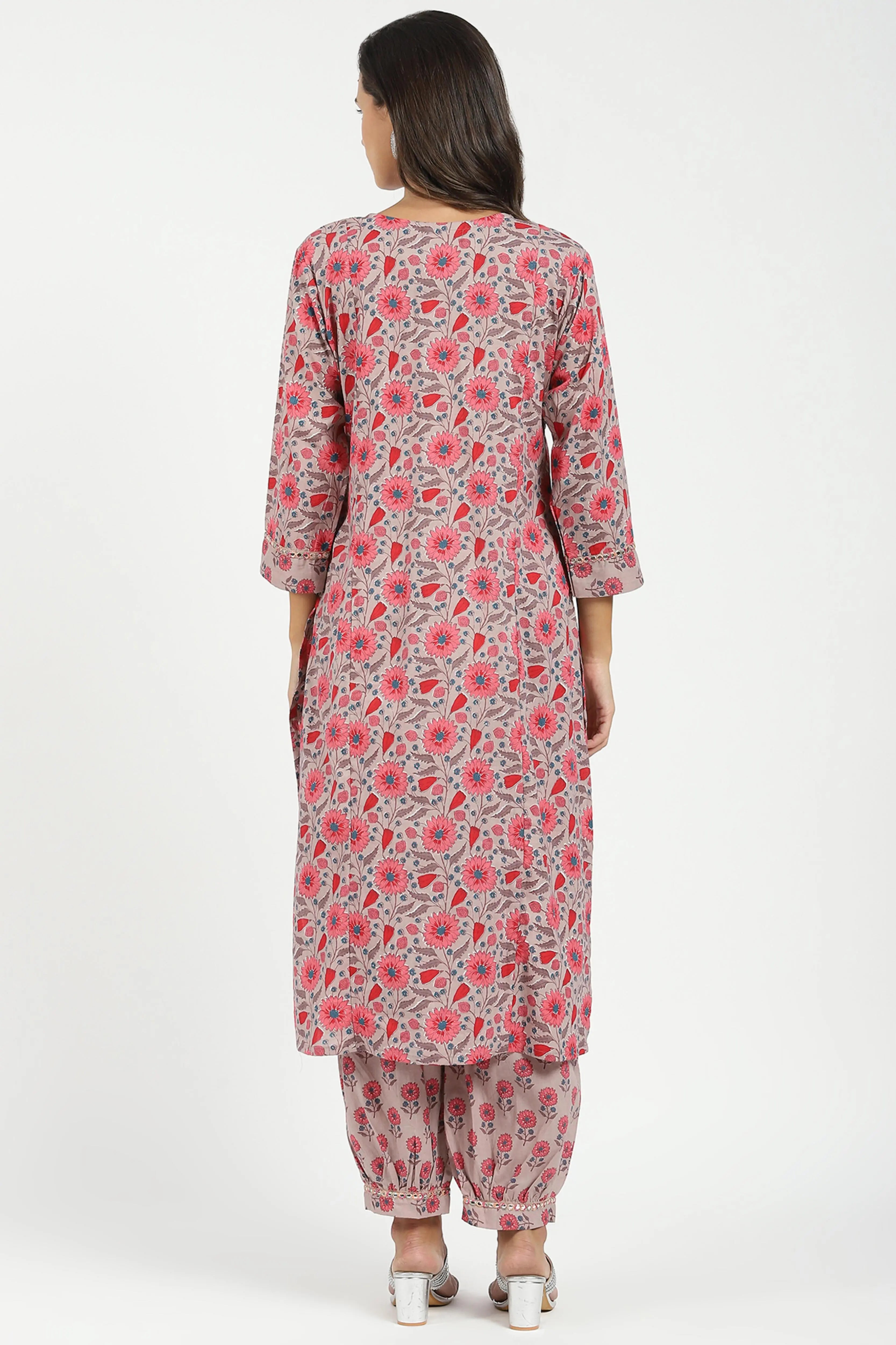 Pink Floral Cotton Afghani Kurta Set - Global Republic