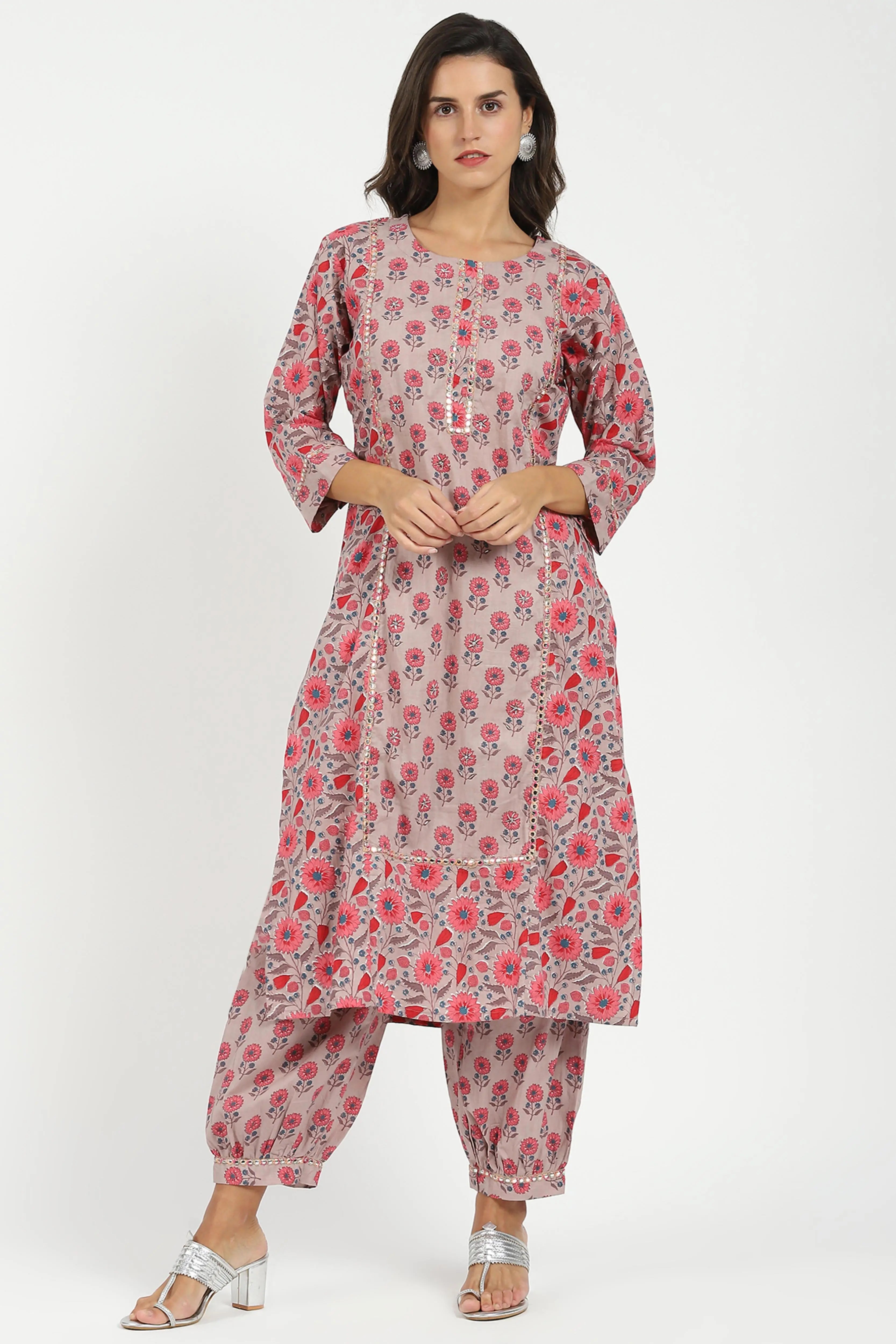 Pink Floral Cotton Afghani Kurta Set - Global Republic