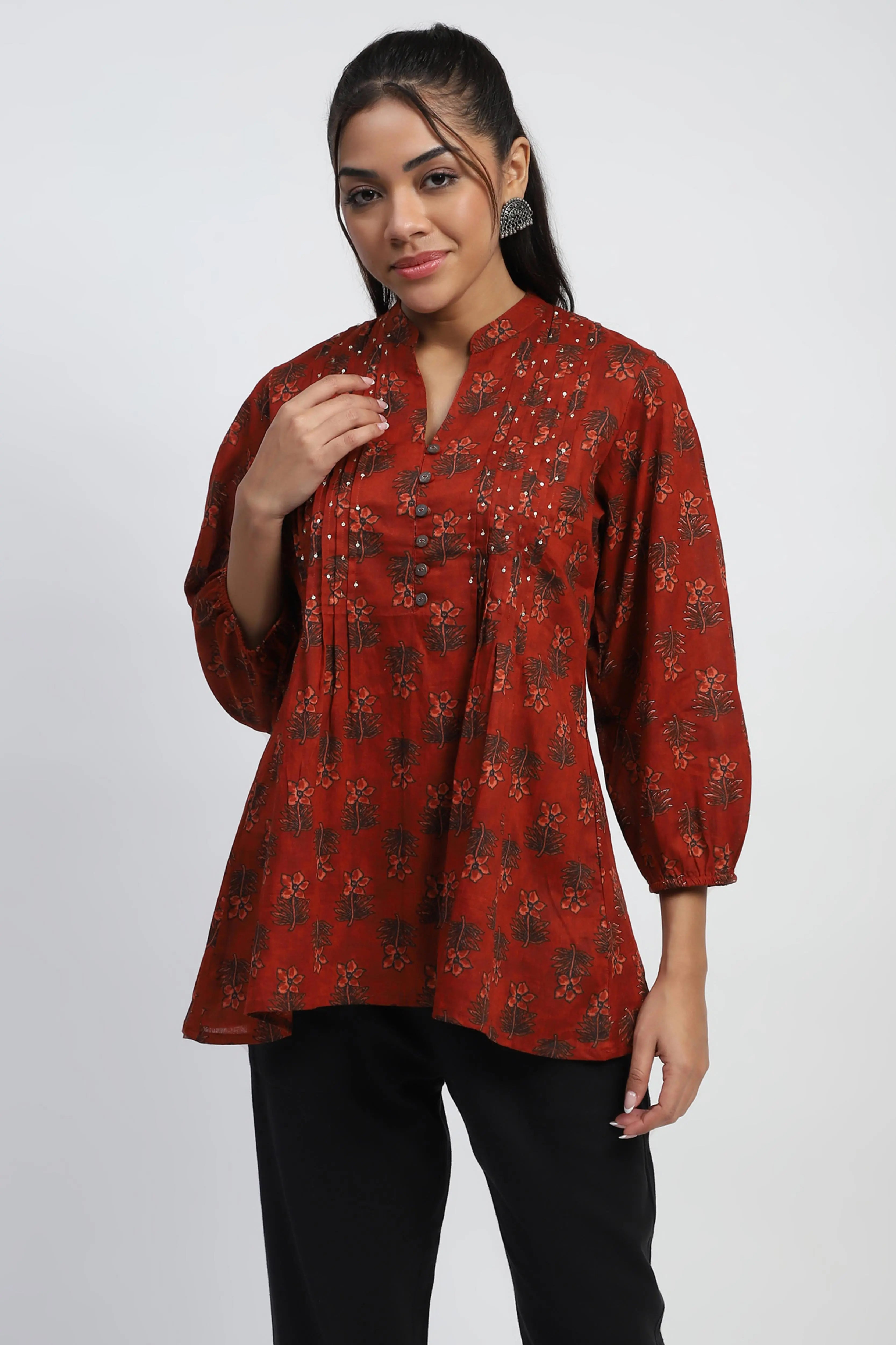 Rust Floral Print Cotton Tunic - Global Republic