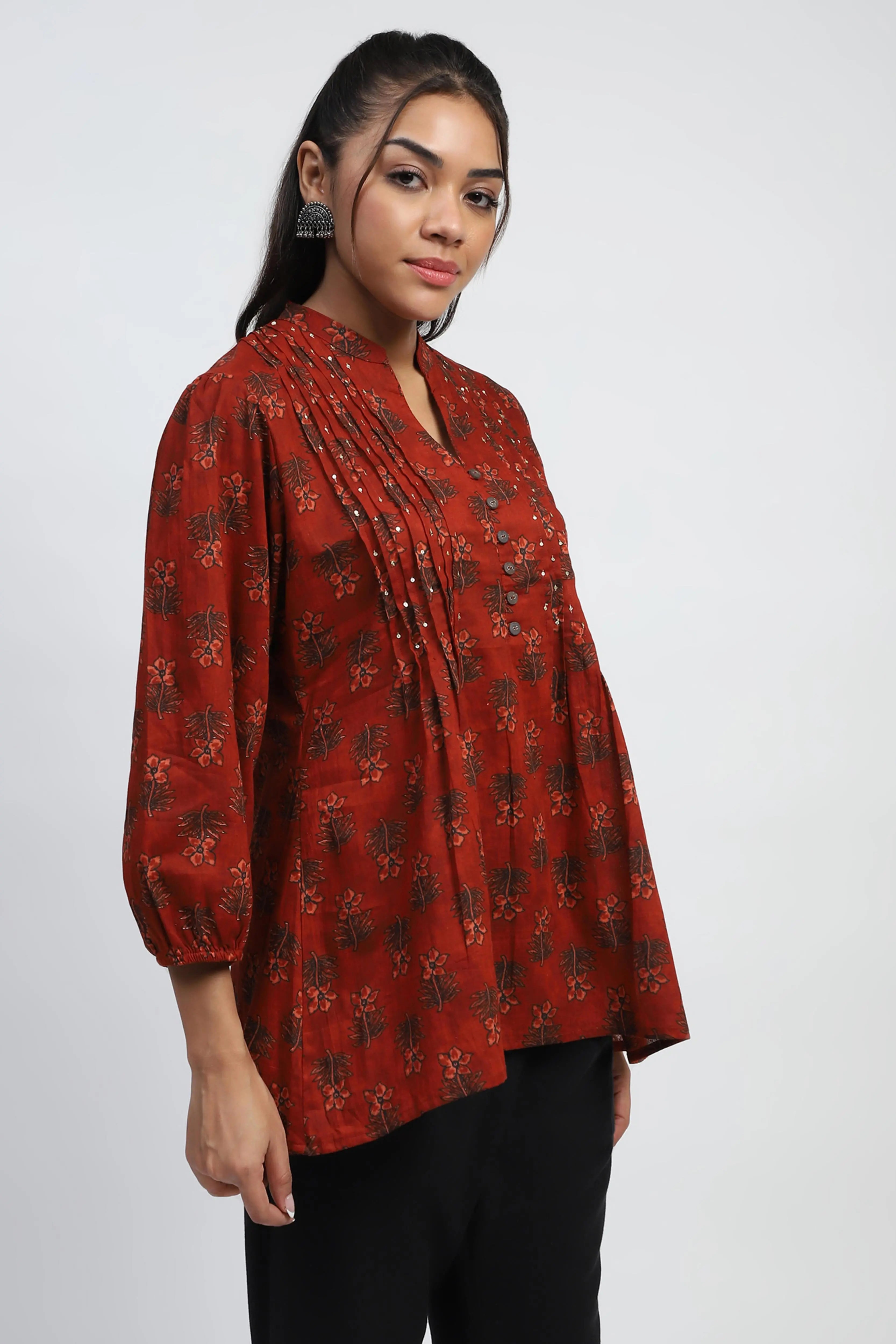 Rust Floral Print Cotton Tunic - Global Republic