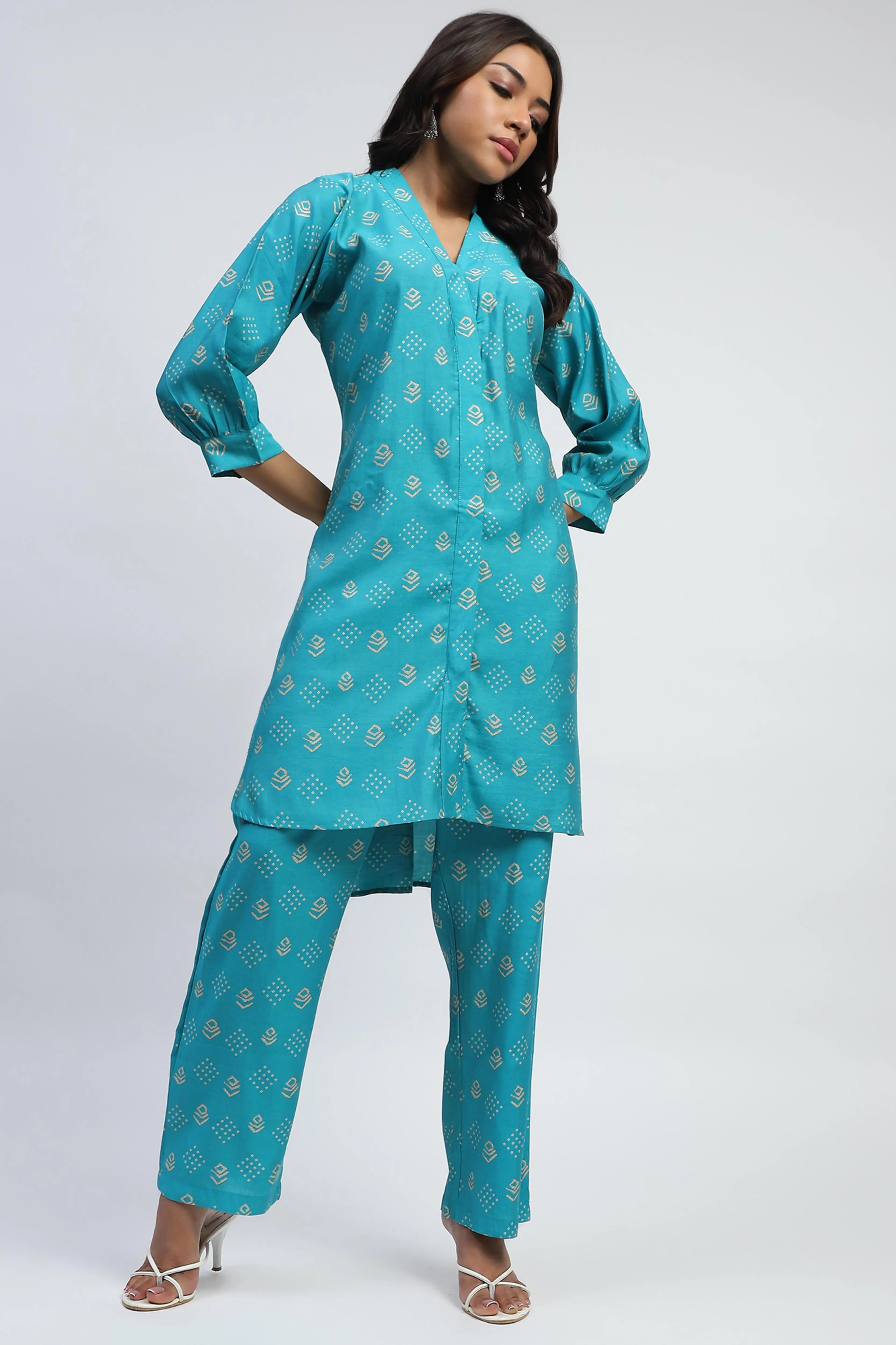 Blue Bandhani Print Cotton Kurta Set - Global Republic