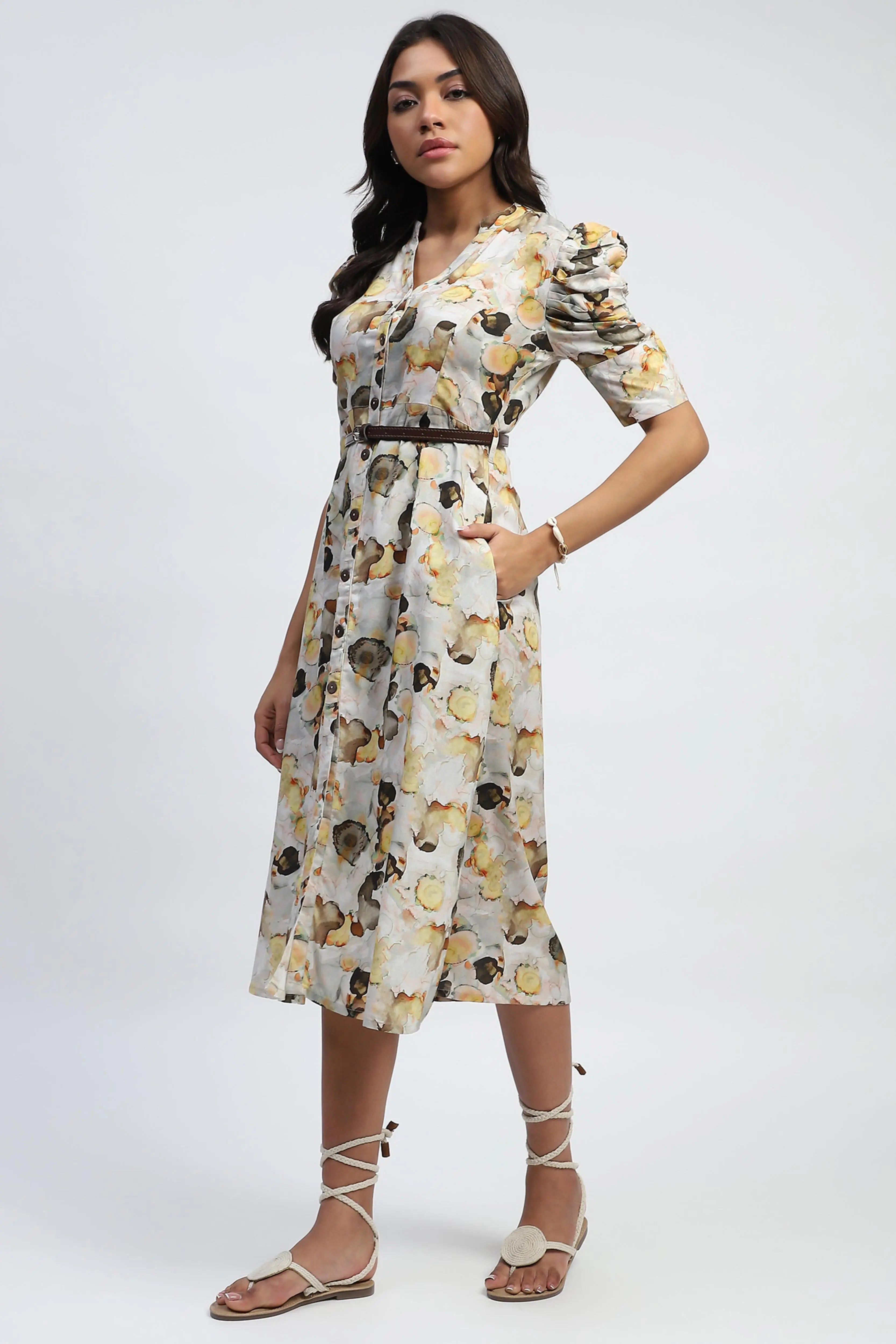 Yellow Digital Print Modal Rayon Dress - Global Republic
