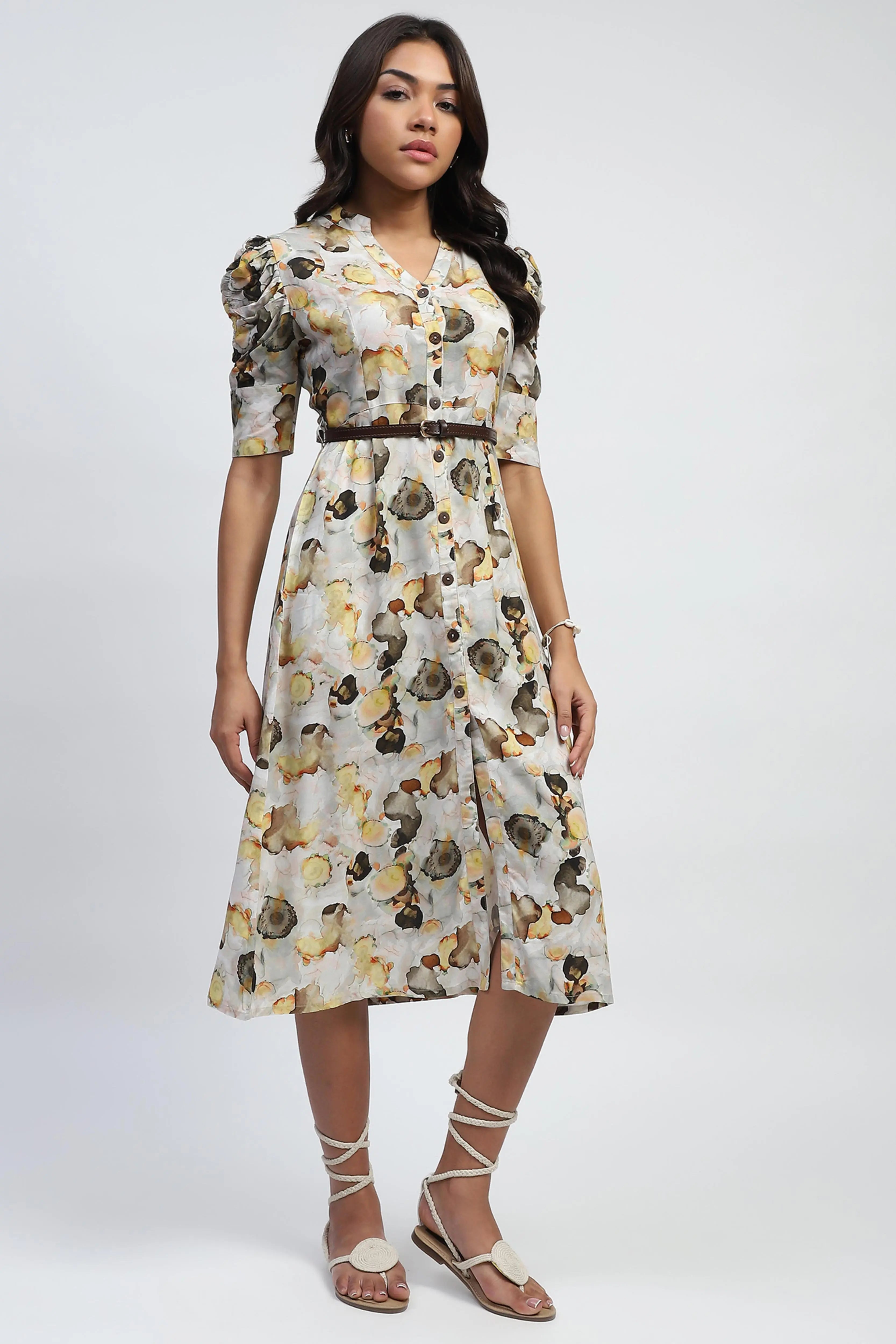 Yellow Digital Print Modal Rayon Dress - Global Republic