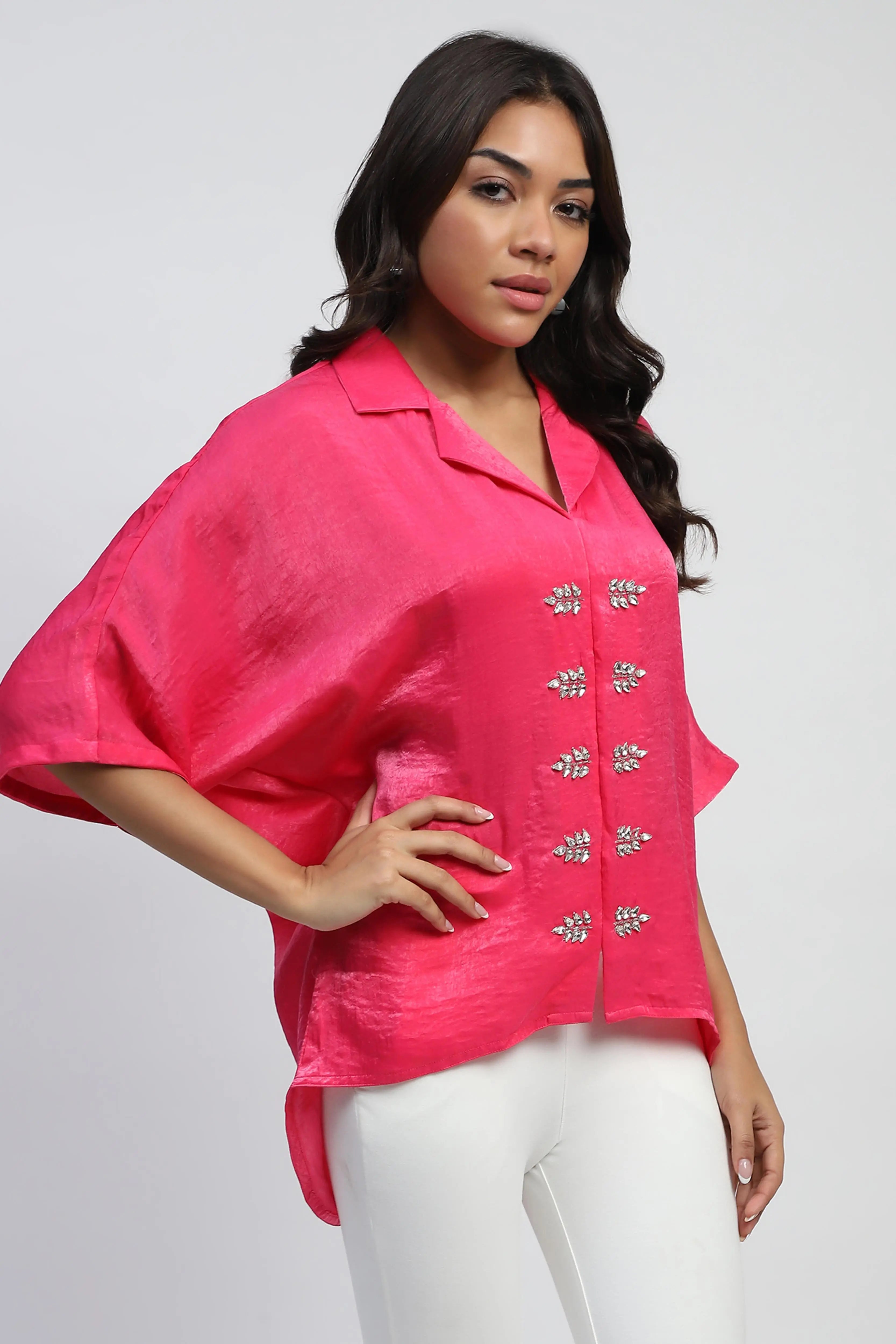 Pink Stone Embellished Satin Oversized Top - Global Republic