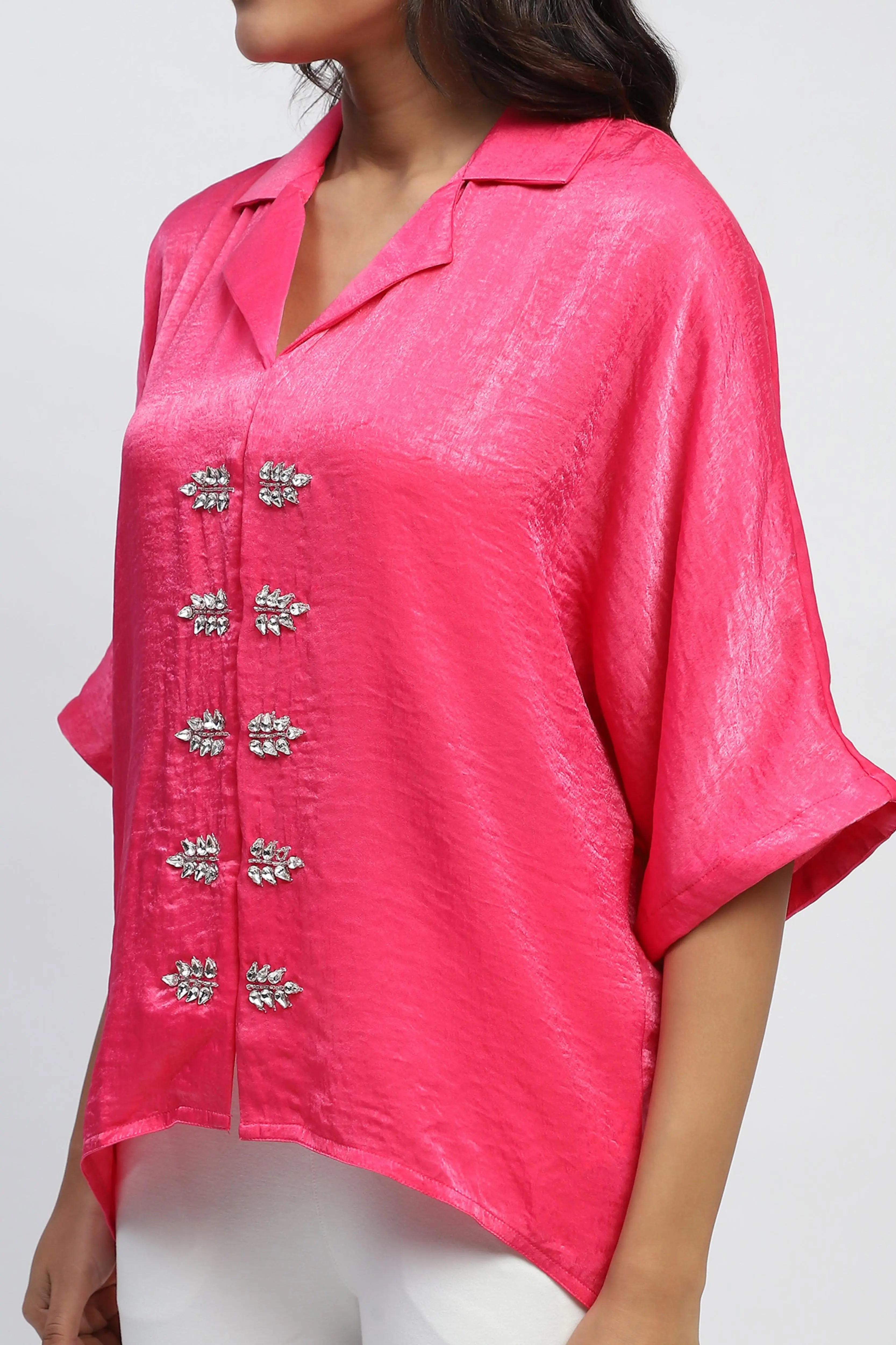 Pink Stone Embellished Satin Oversized Top - Global Republic