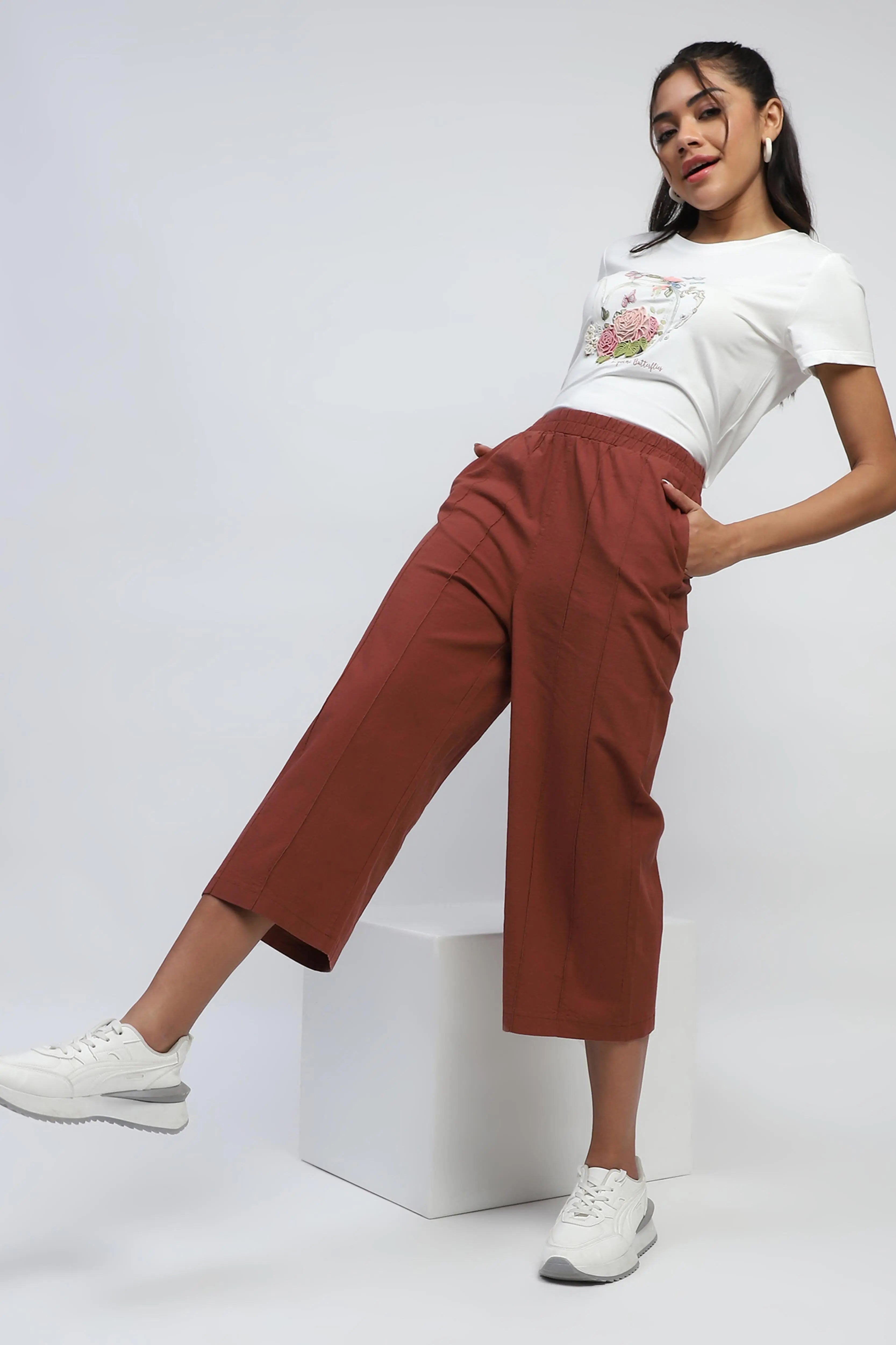 Brown Solid Cotton Relaxed Fit Lower - Global Republic