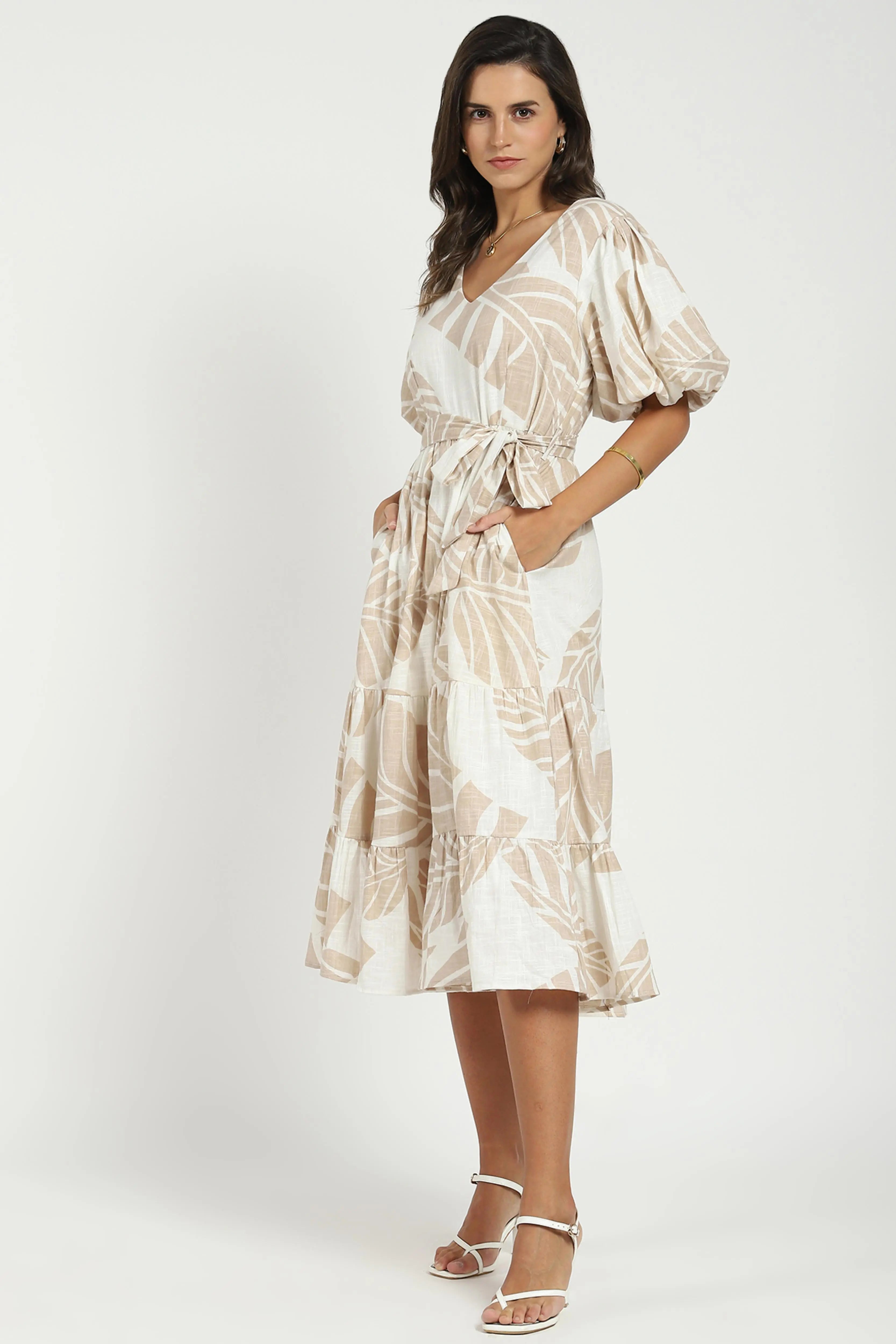 Beige Puff Sleeves Flared Dress - Global Republic